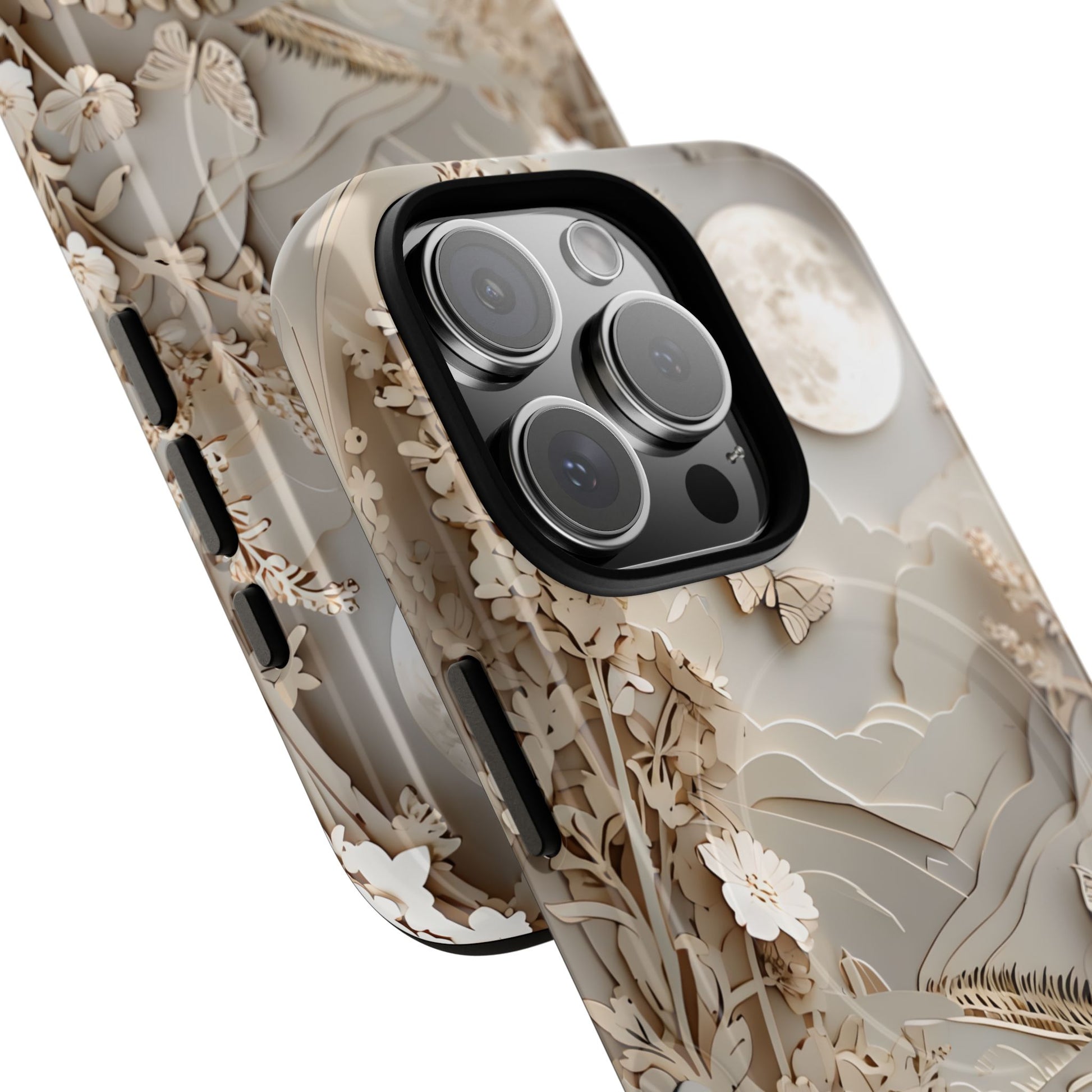 Moonlit Garden - Elegant Neutral Floral iPhone 16 Pro MagSafe Phone Case - Painterly Botanical & Moon Design