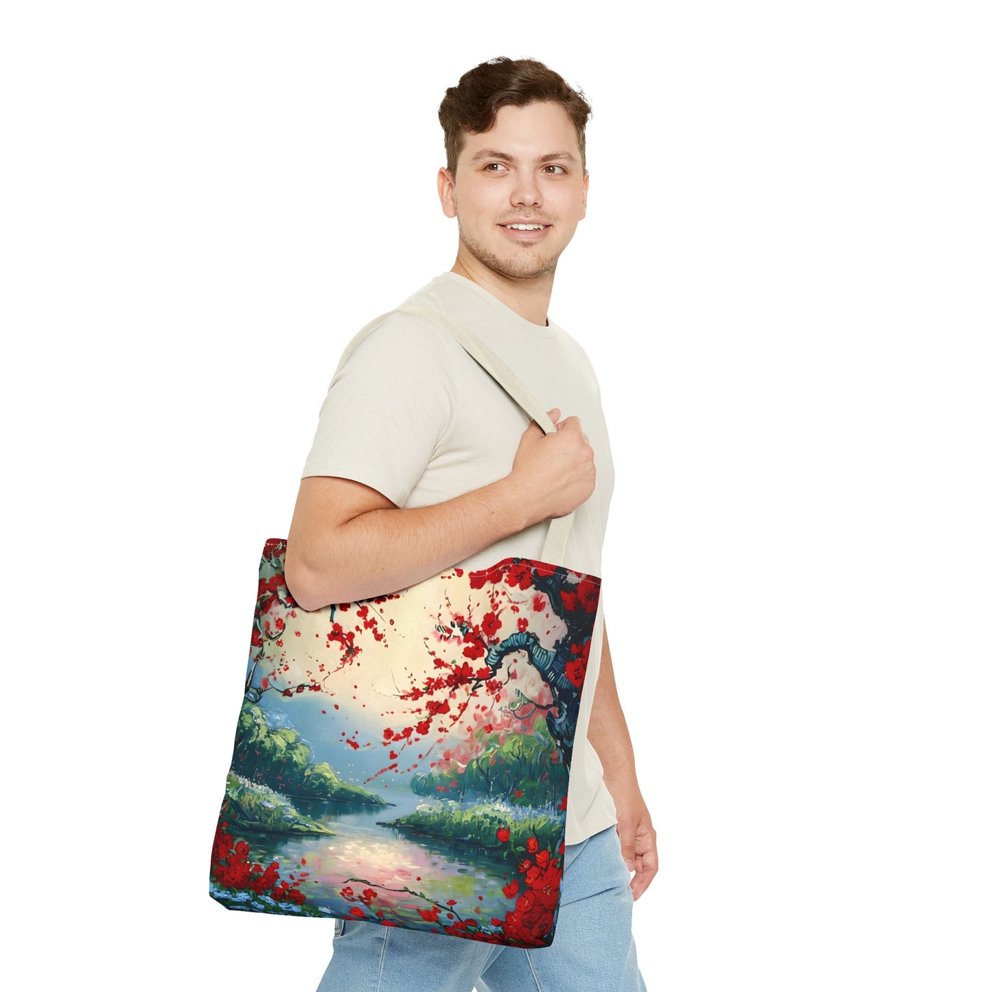 Crimson Blossom Lake Tote (16x16 & 18x18)- Serene Cherry Tree Landscape on Canvas, Reusable & Eco-Friendly