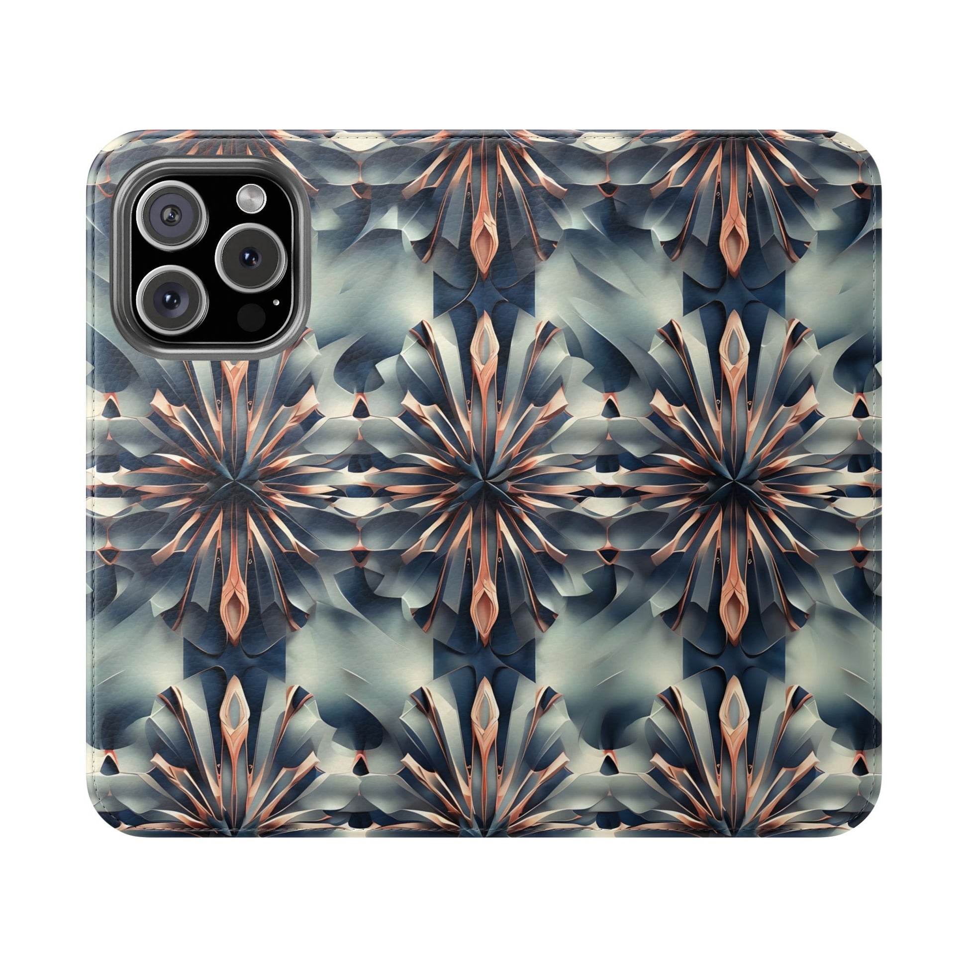 Obsidian Kaleidoscope iPhone 16 Pro Wallet Case - Elegant Abstract Flip Cover with Card Slots