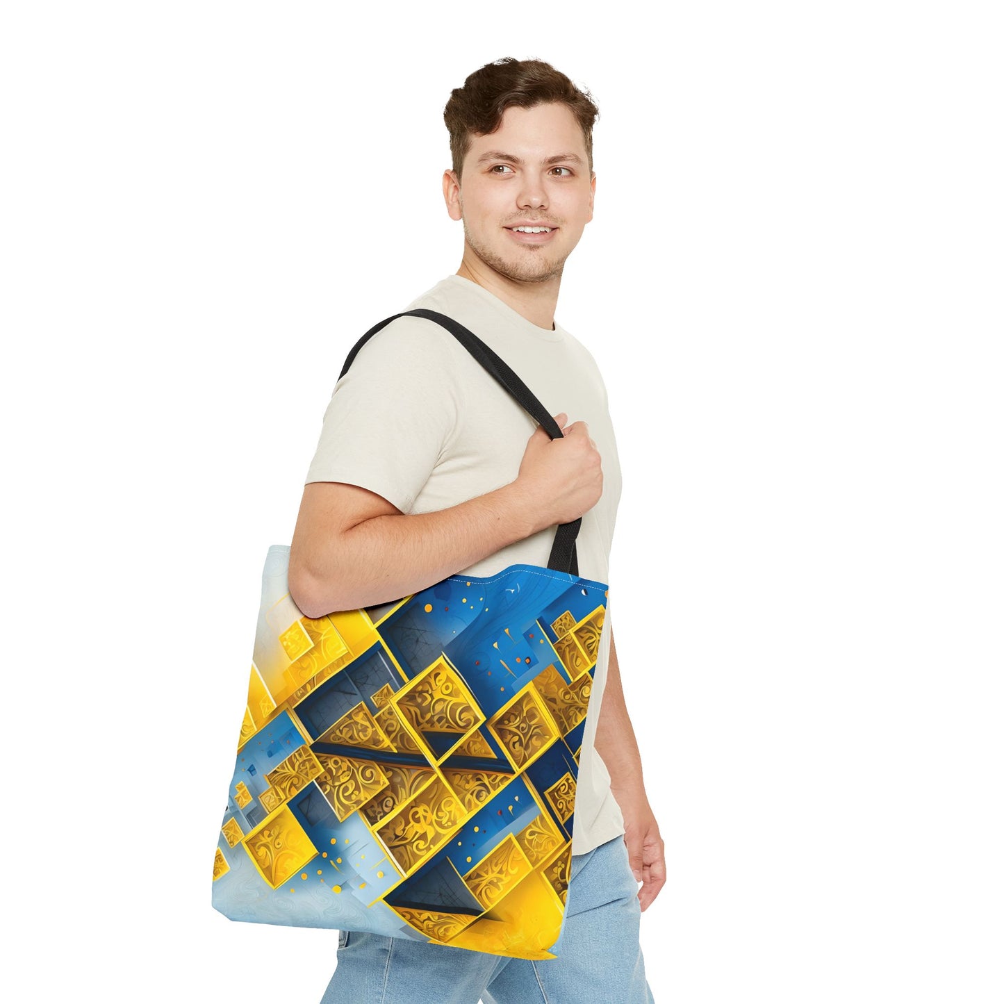 Golden Ascent Tote (16x16 & 18x18)- Bold Gold & Blue Abstract Geometric Design, Eco-Friendly and Durable