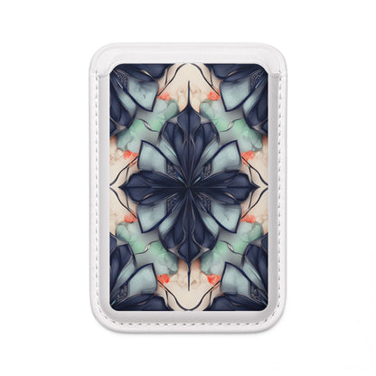 Midnight Mosaic navy and teal geometric floral mandala MagSafe card holder on white magnetic wallet