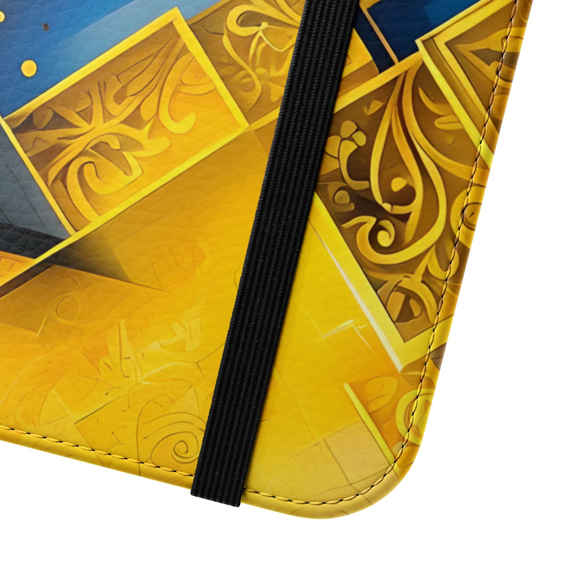Close view of Golden Ascent geometric iPhone wallet flip phone case with elastic closure