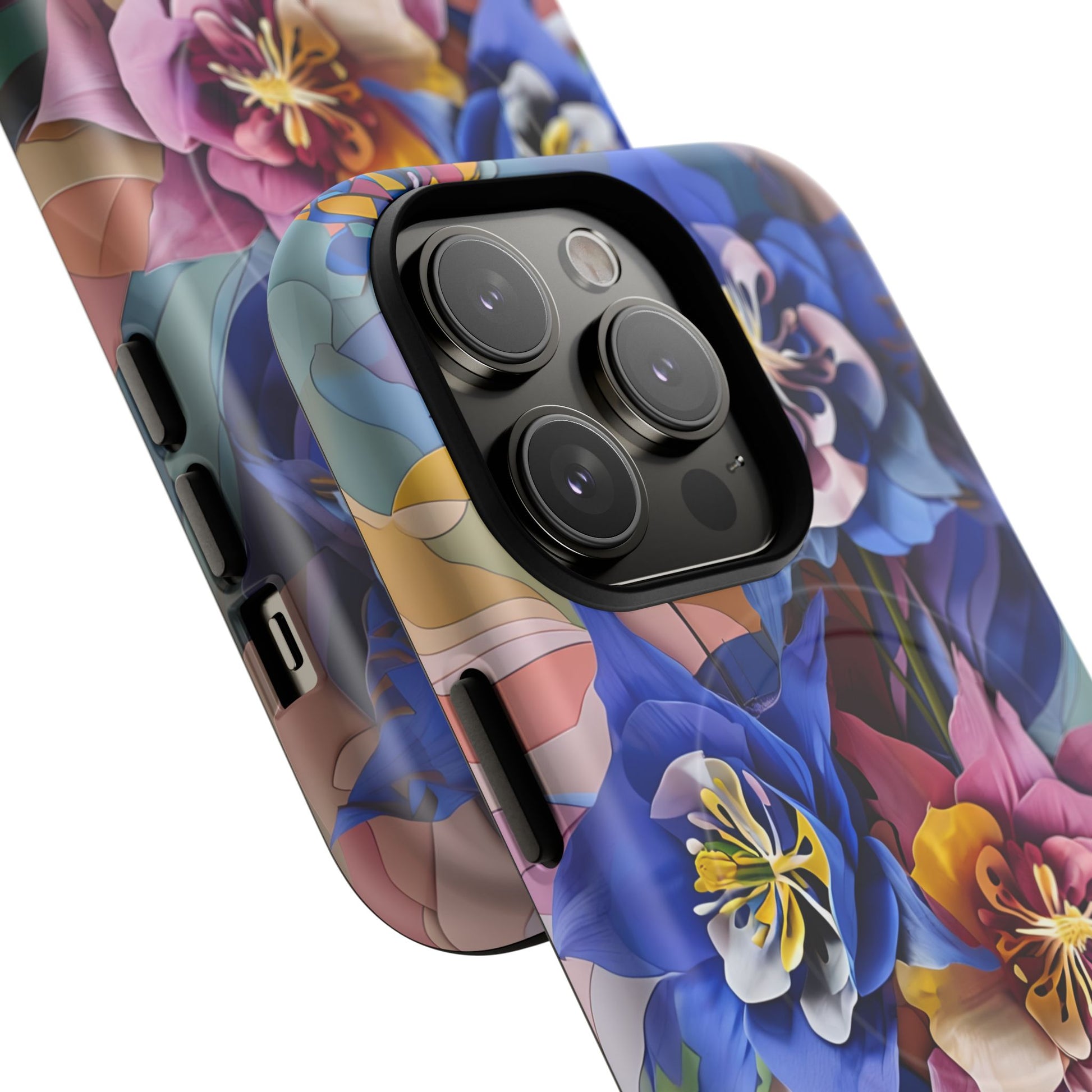 Blue Columbine Carnivale - Artistic Floral & Butterfly iPhone 14 Pro MagSafe Phone Case - Vibrant Botanical Design