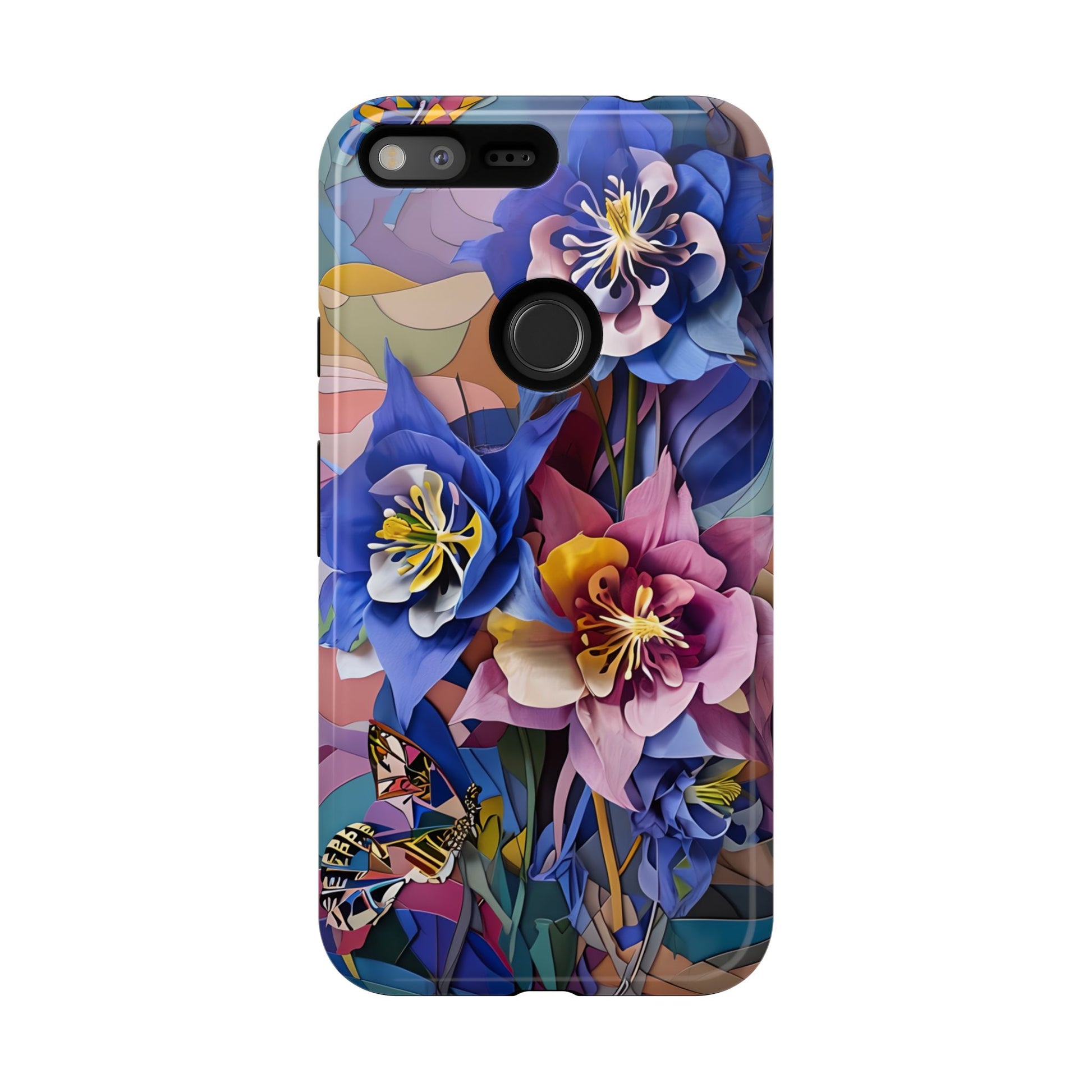 Blue Columbine Carnivale - Artistic Floral & Butterfly Google Pixel XL Tough Phone Case - Vibrant Botanical Design