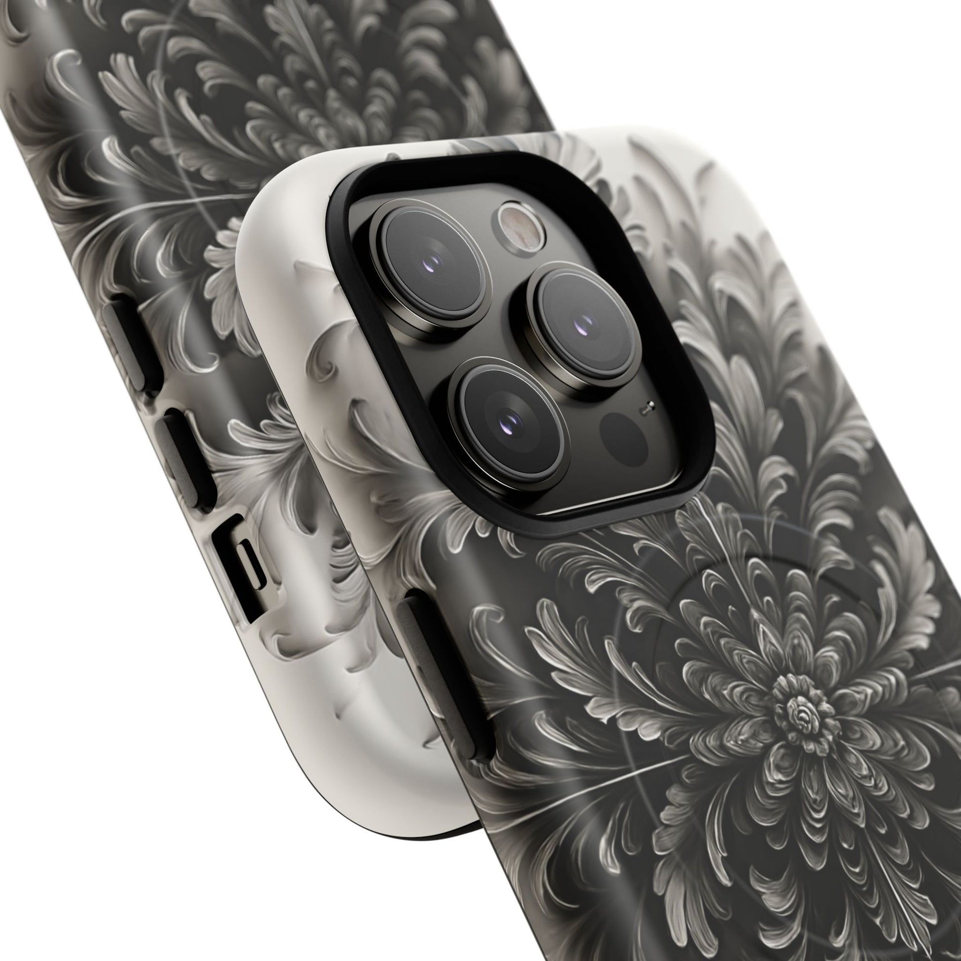 Obsidian Bloom - Elegant Black & White iPhone 14 Pro MagSafe Phone Case - Intricate Mandala Flower Design
