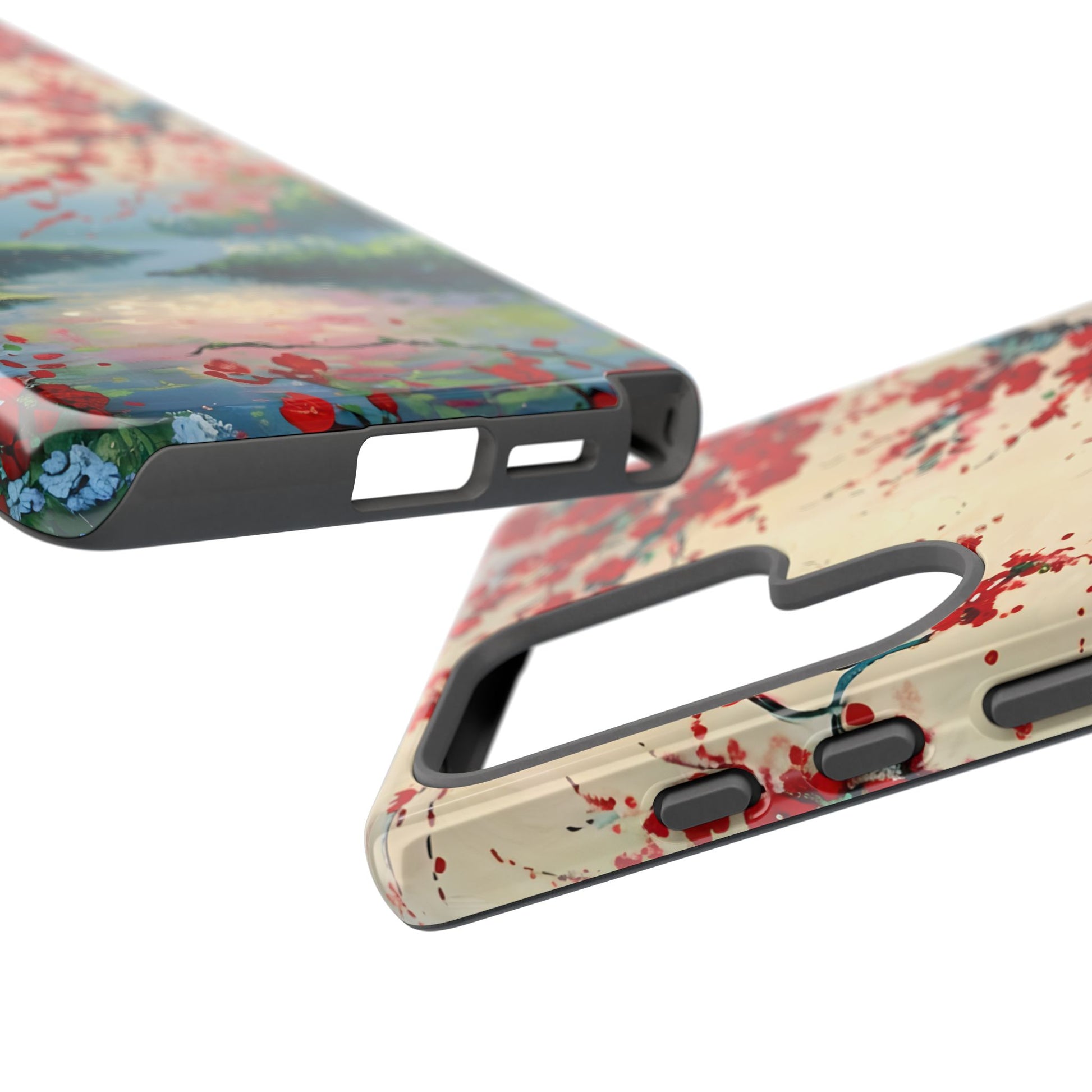 Crimson Blossom Lake - Artistic Floral Landscape Samsung Galaxy S25 Ultra Tough Phone Case - Red Cherry Blossoms & Serene Lake Design