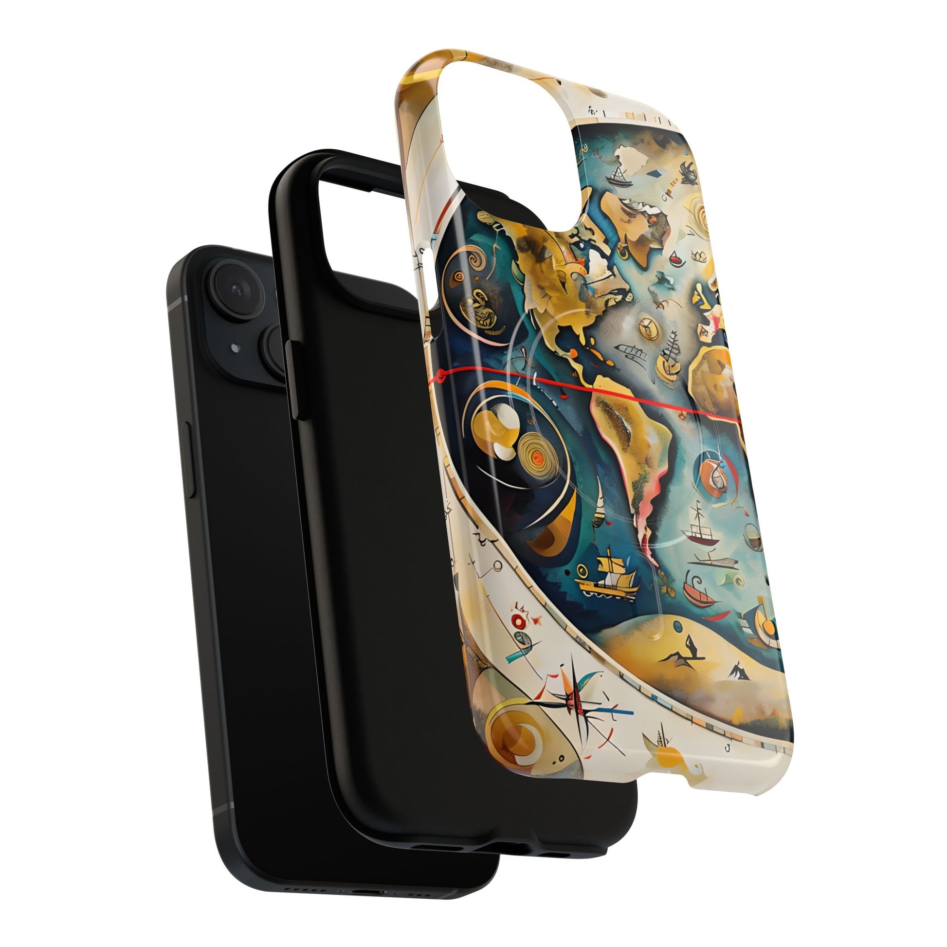 Celestial Map iPhone 15 MagSafe Phone Case -Vintage Nautical World Map, Artistic Blue & Gold