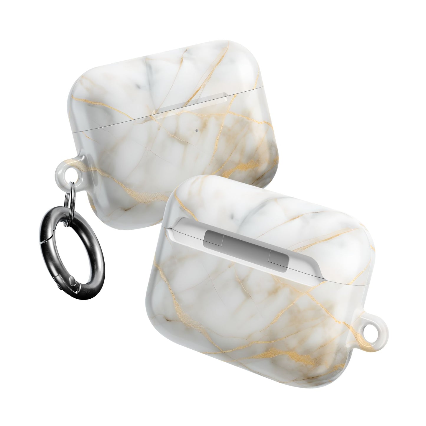 Two Golden Vein AirPods cases angled view showing white marble artwork on both sides