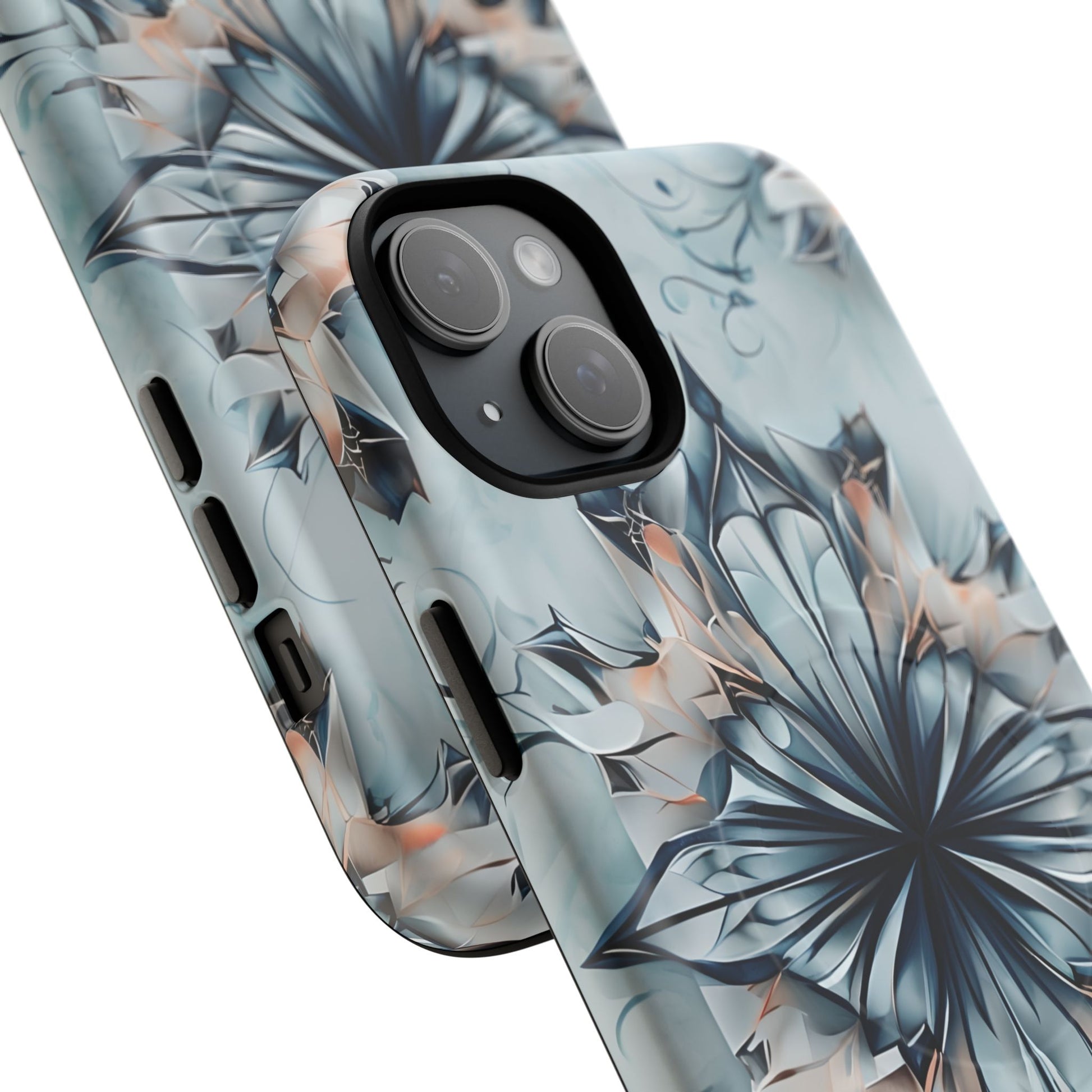 Indigo Mirage - Artistic Kaleidoscope Collection Artistic Floral - iPhone 15 Plus MagSafe Phone Case -Bold Indigo Symmetrical Design