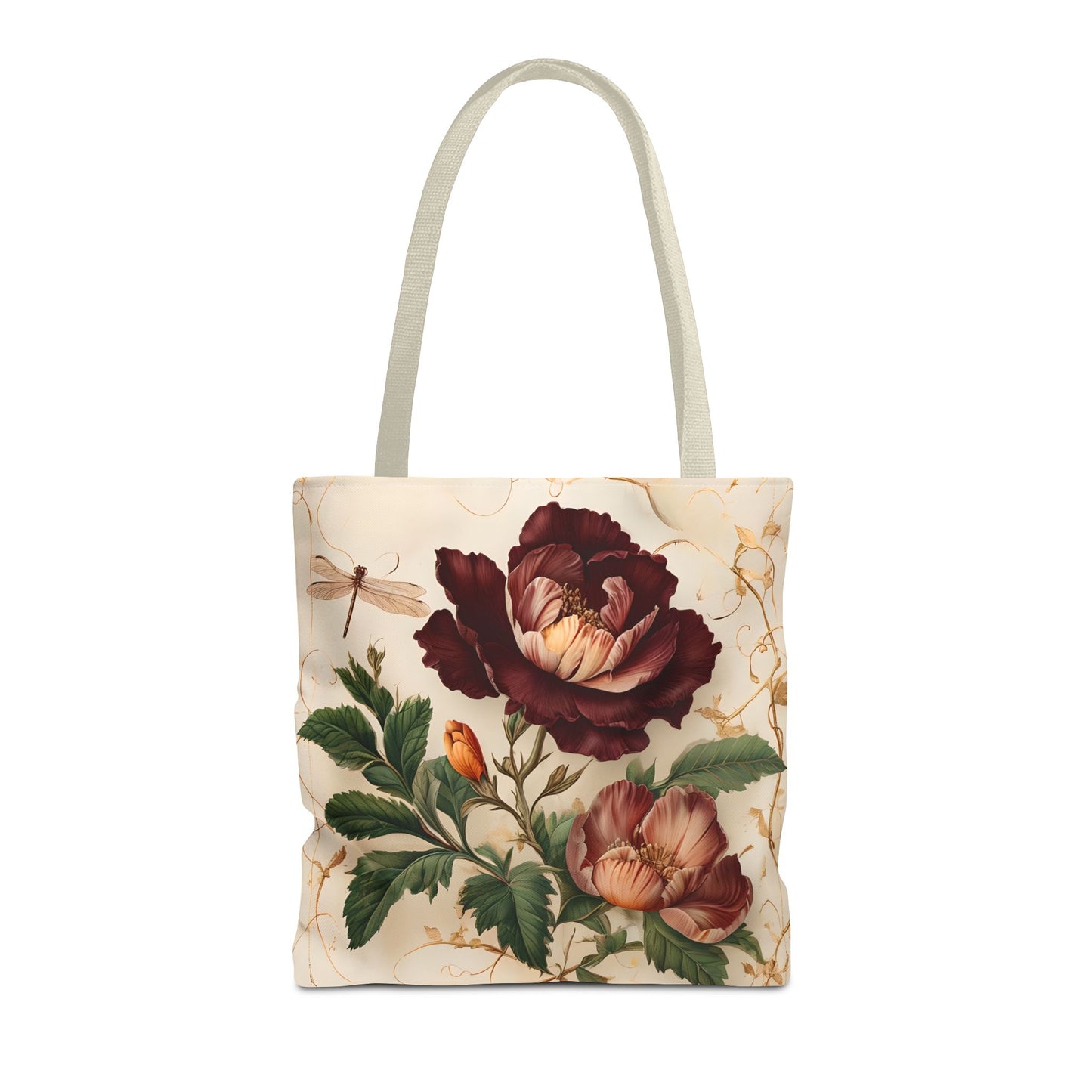 Vintage Burgundy Rose canvas tote bag featuring classic burgundy rose floral artwork with light handles