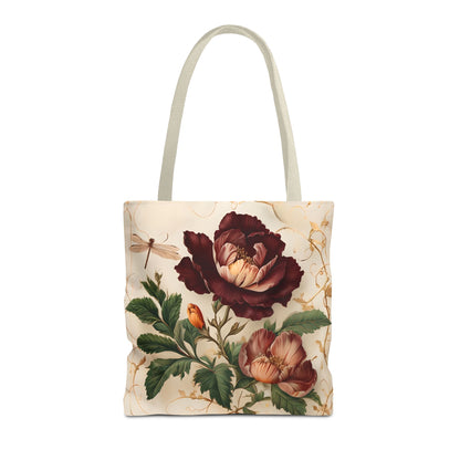 Vintage Burgundy Rose canvas tote bag featuring classic burgundy rose floral artwork with light handles