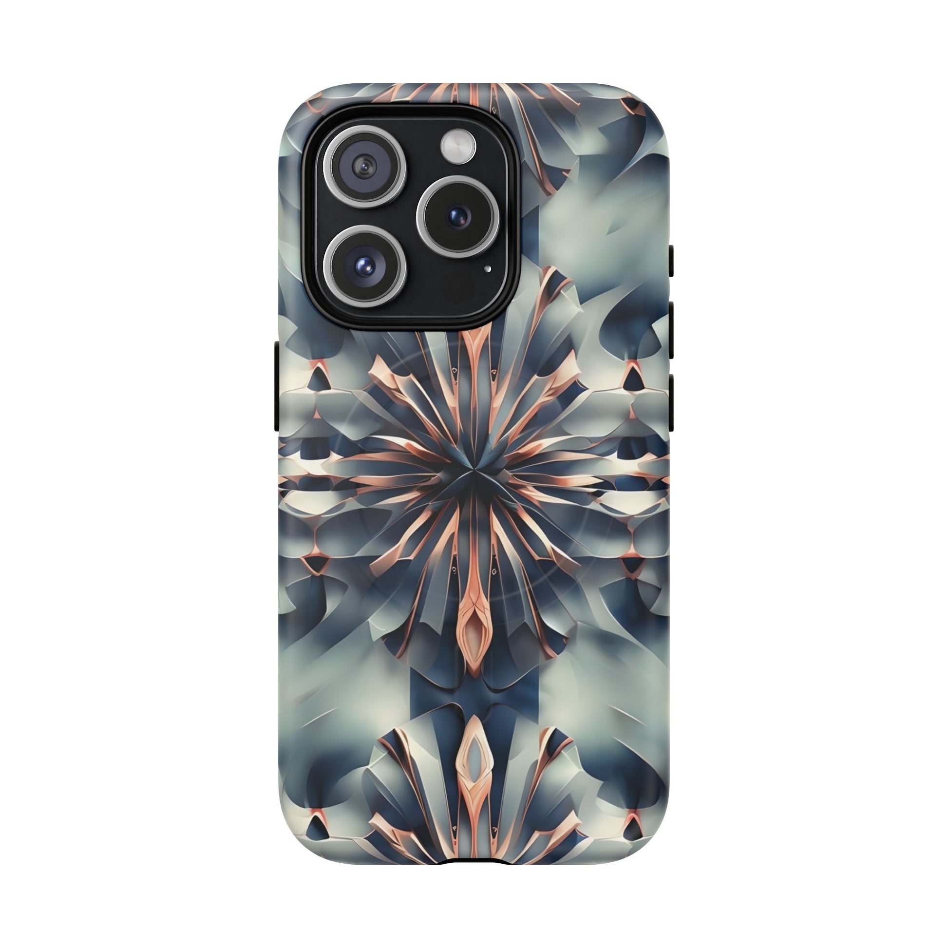 Obsidian Kaleidoscope Artistic Floral Burst - iPhone 15 Pro MagSafe Phone Case -Blue, Peach and Silver Symmetrical Design