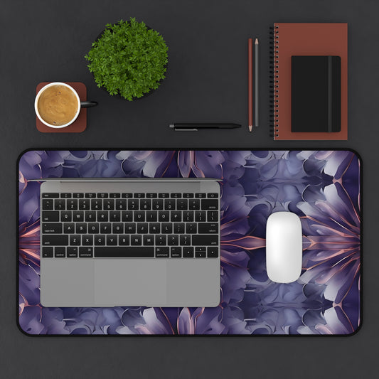 Twilight Tapestry desk mat in workspace with keyboard showing detailed tapestry artwork