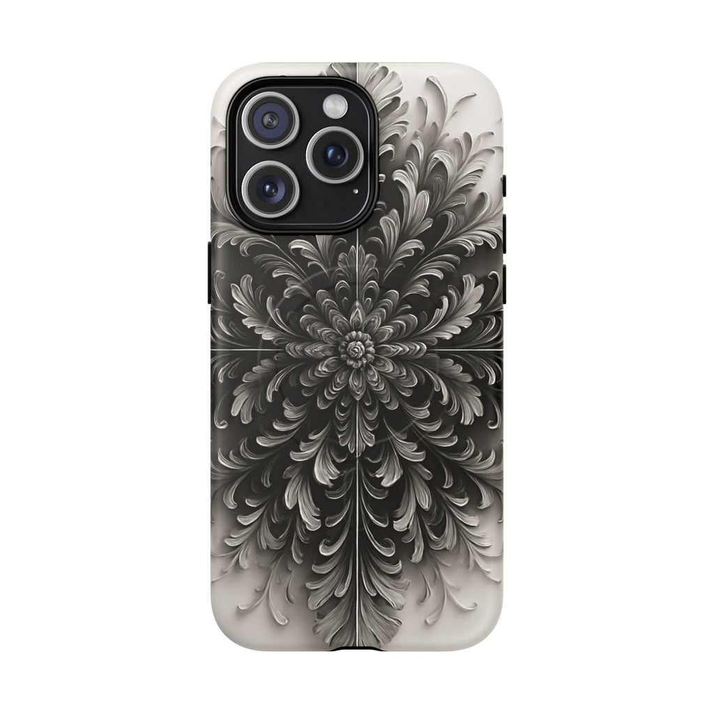 Obsidian Bloom - Elegant Black & White iPhone 15 Pro Max MagSafe Phone Case - Intricate Mandala Flower Design