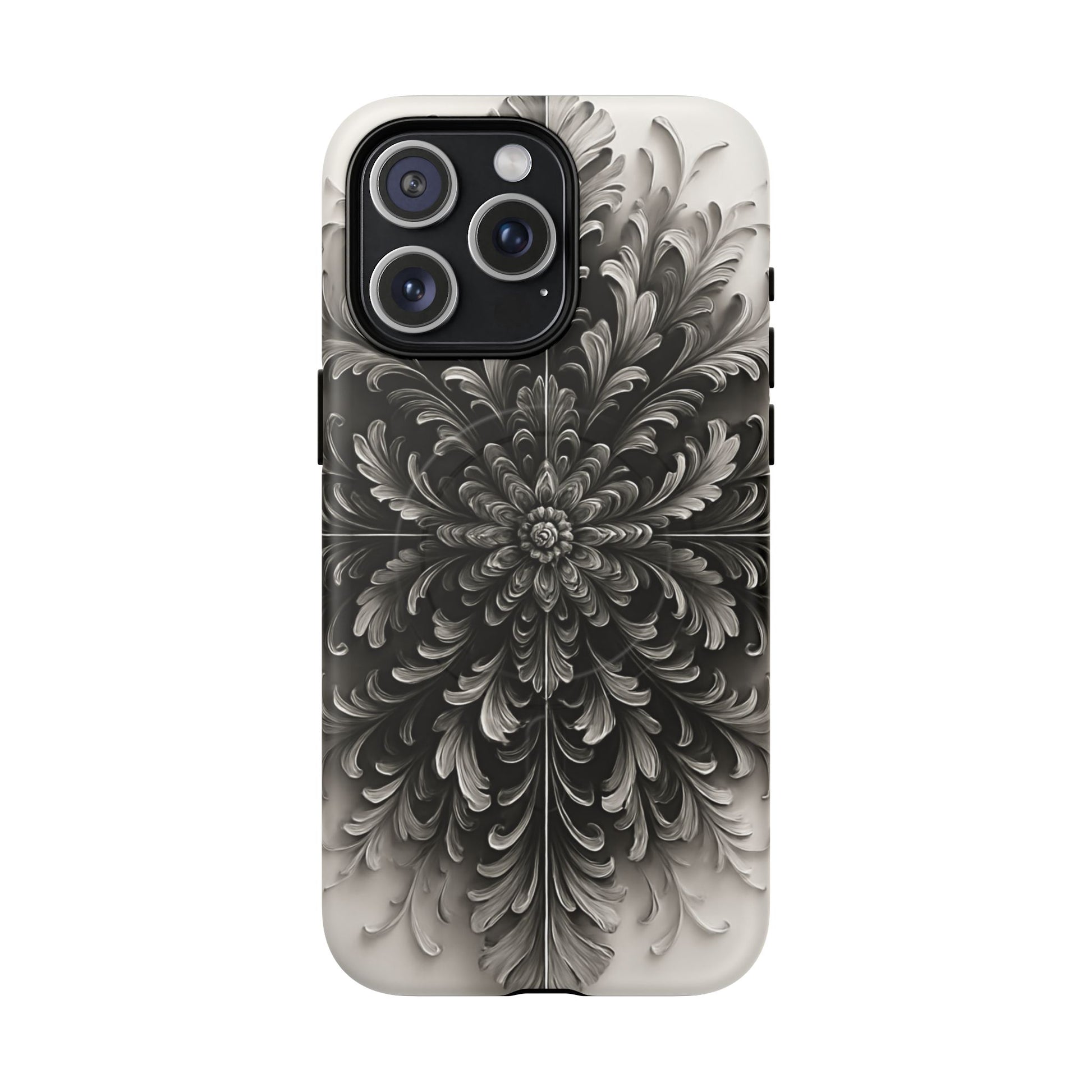 Obsidian Bloom - Elegant Black & White iPhone 15 Pro Max MagSafe Phone Case - Intricate Mandala Flower Design