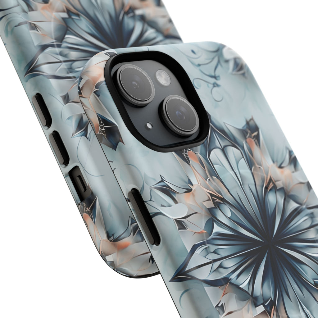 Indigo Mirage - Artistic Kaleidoscope Collection Artistic Floral - iPhone 15 MagSafe Phone Case -Bold Indigo Symmetrical Design
