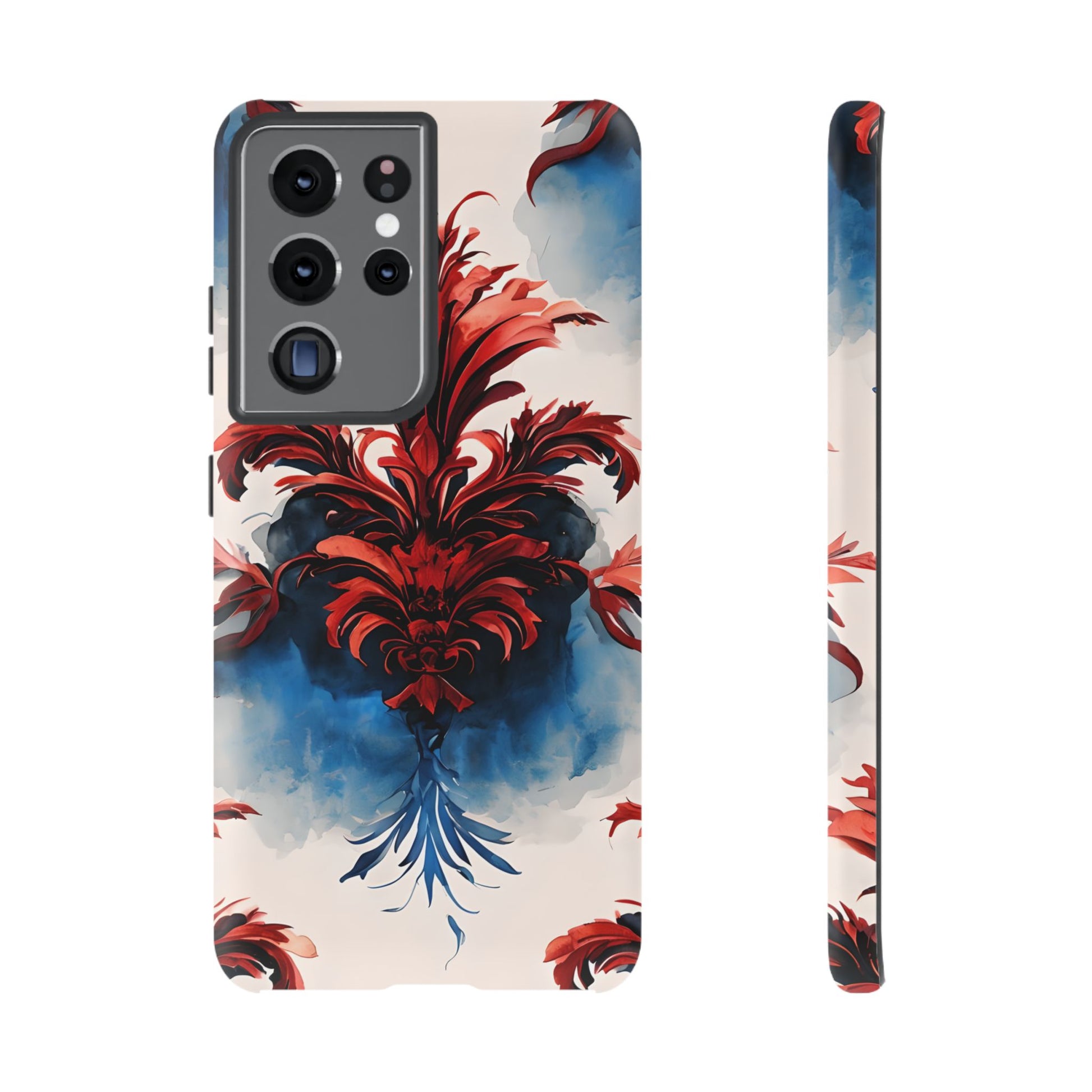 Crimson Plume - Bold Artistic Feather Samsung Galaxy S21 Ultra Tough Phone Case - Dramatic Red & Blue Design
