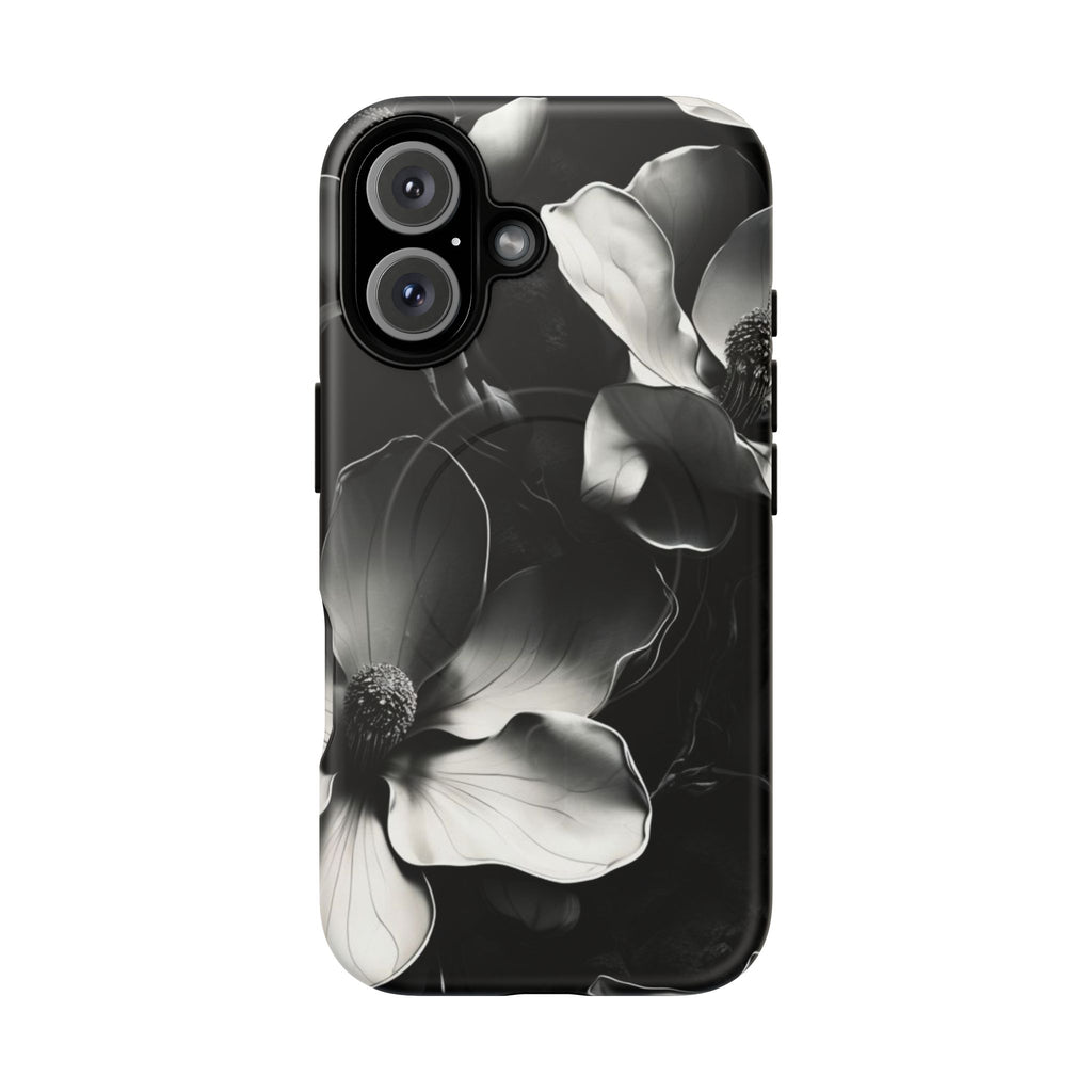 Monochrome Magnolia - Elegant Black & White Floral iPhone 16 MagSafe Phone Case - Artistic Magnolia Design