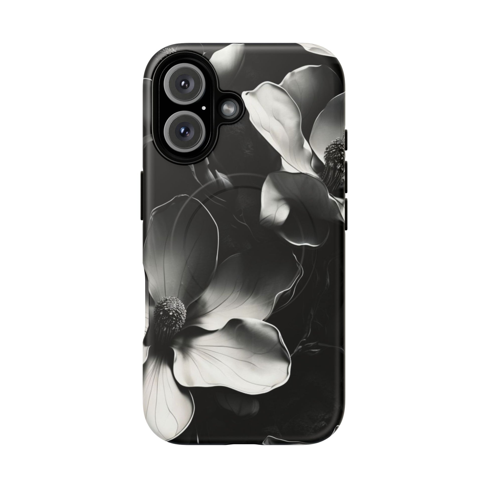 Monochrome Magnolia - Elegant Black & White Floral iPhone 16 MagSafe Phone Case - Artistic Magnolia Design