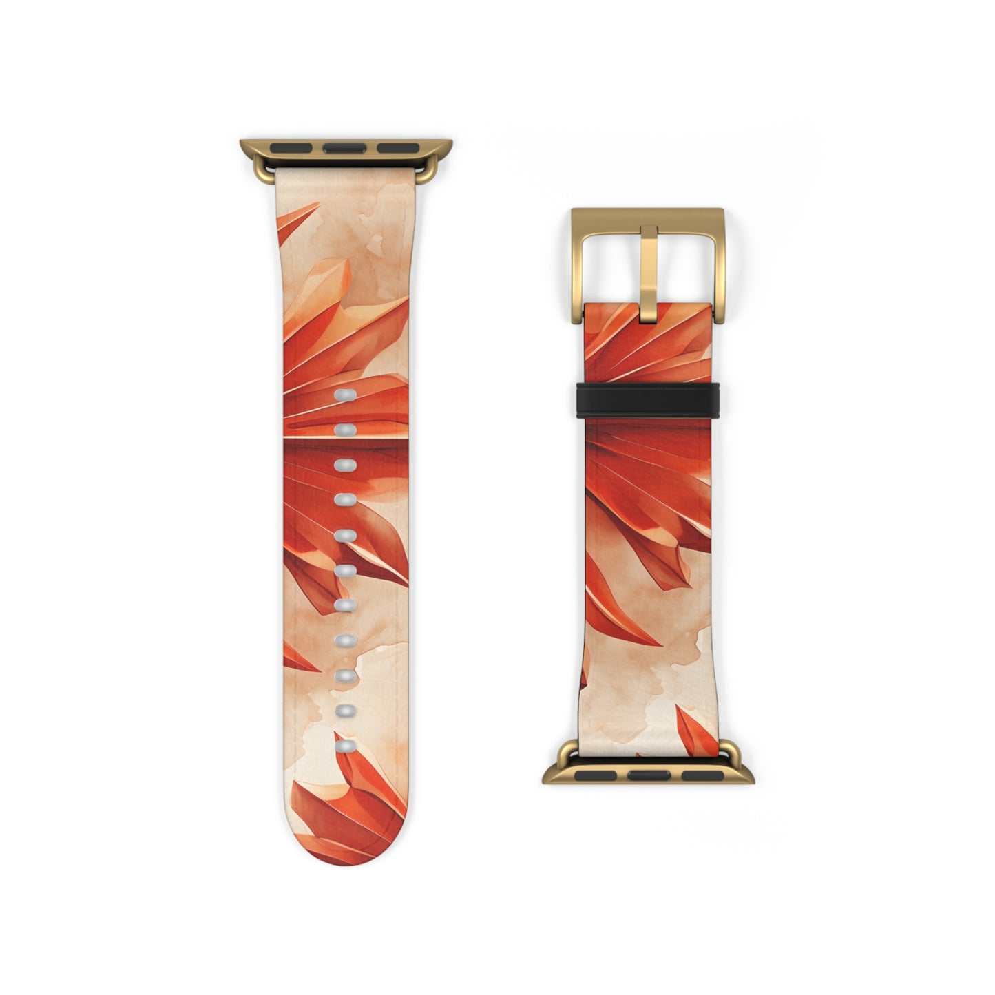 Sunset Fleur Apple Watch band strap with gold clasp featuring striking sunset orange flower artwork
