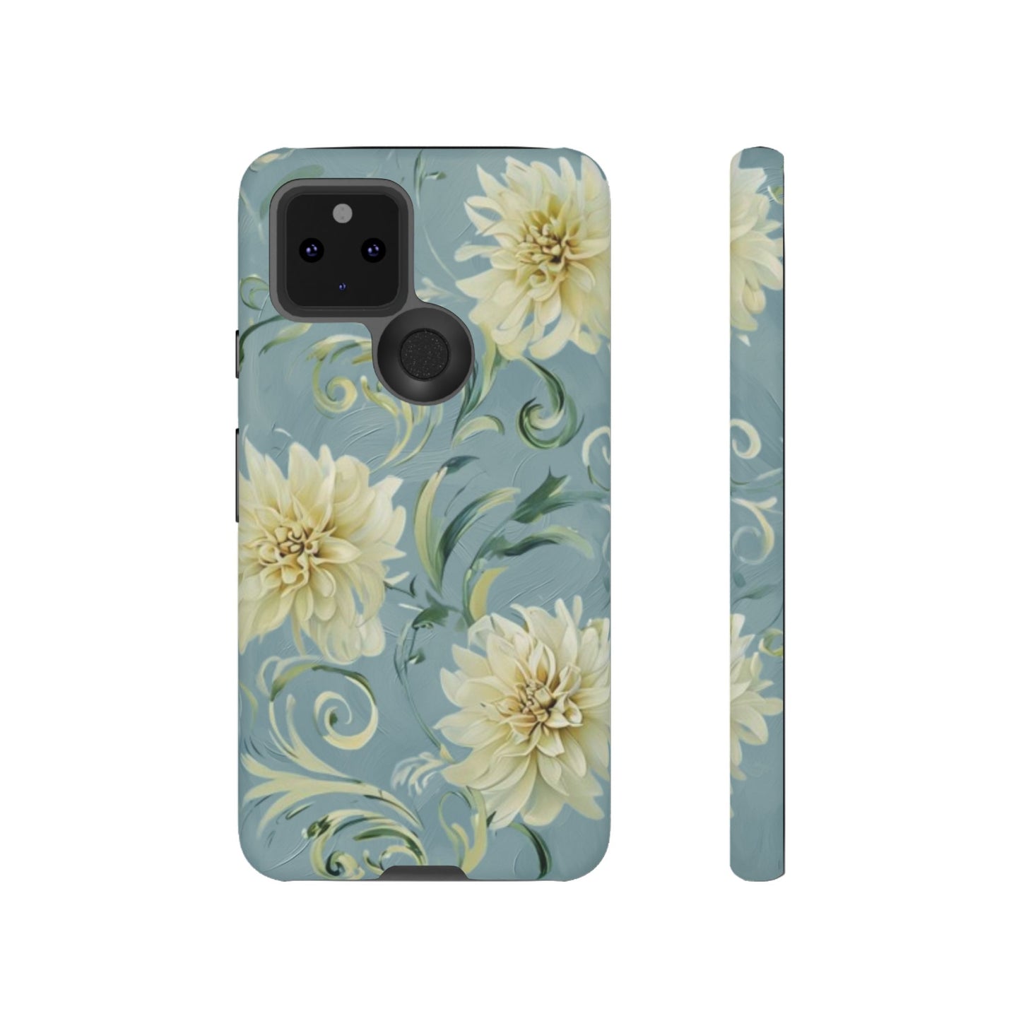Golden Dahlia Trio - Elegant Floral Google Pixel Tough Phone Case - Artistic White & Blue Dahlia Design