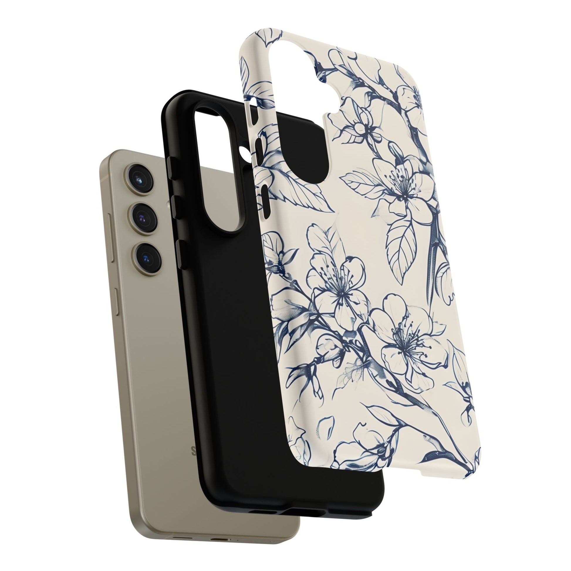 Blossom Sketch - Artistic Blue Floral Samsung Galaxy S24 Tough Phone Case - Hand-Drawn Botanical Design