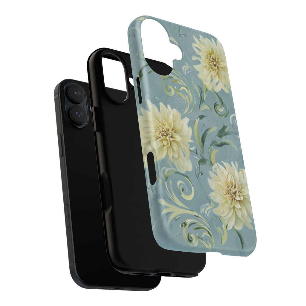 Golden Dahlia Trio - Elegant Floral iPhone 16 Plus MagSafe Phone Case - Artistic White & Blue Dahlia Design
