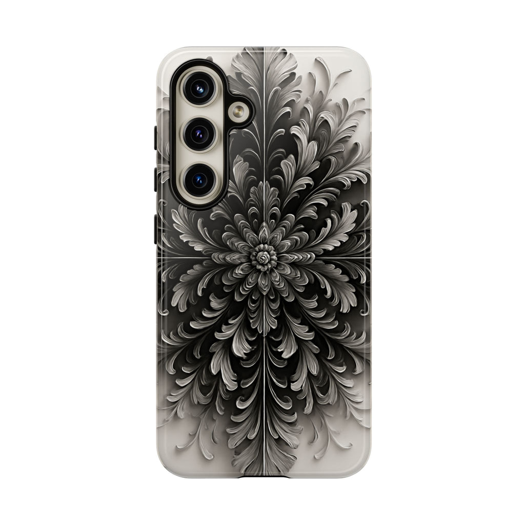 Obsidian Bloom - Elegant Black & White Samsung Galaxy S24 Tough Phone Case - Intricate Mandala Flower Design