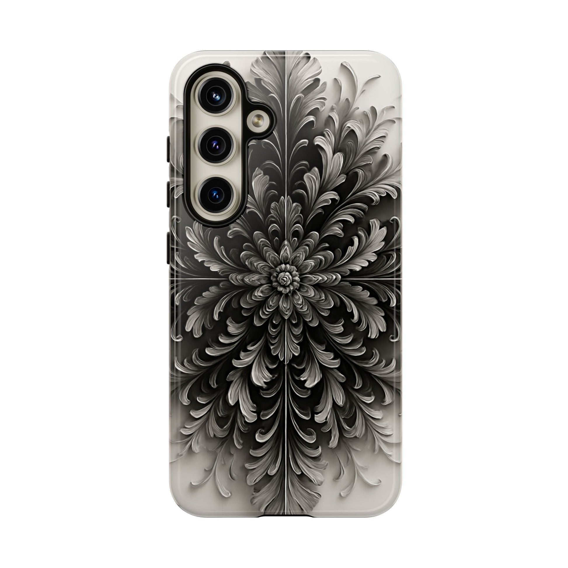 Obsidian Bloom - Elegant Black & White Samsung Galaxy S24 Tough Phone Case - Intricate Mandala Flower Design