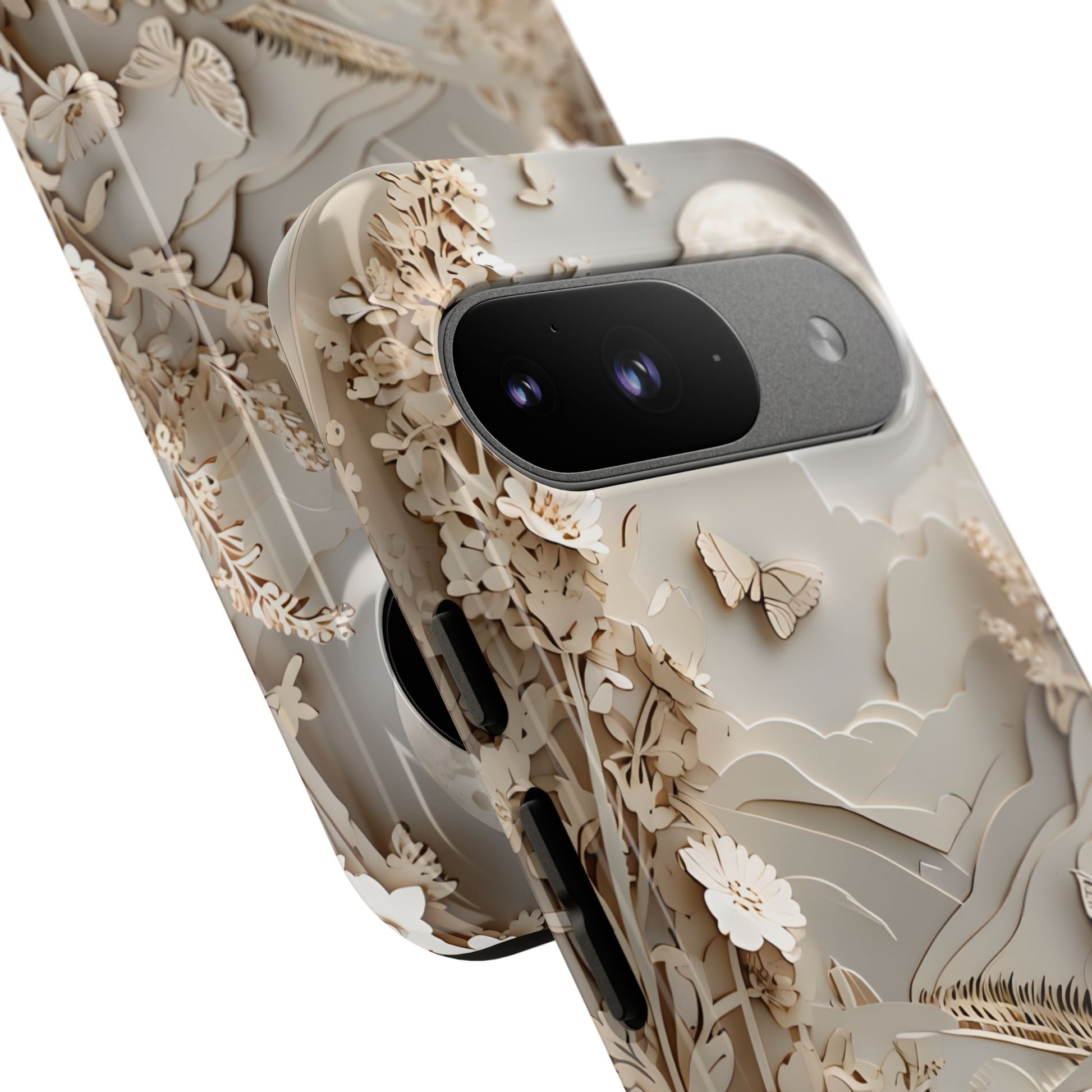 Moonlit Garden - Elegant Neutral Floral Google Pixel 9 Tough Phone Case - Painterly Botanical & Moon Design