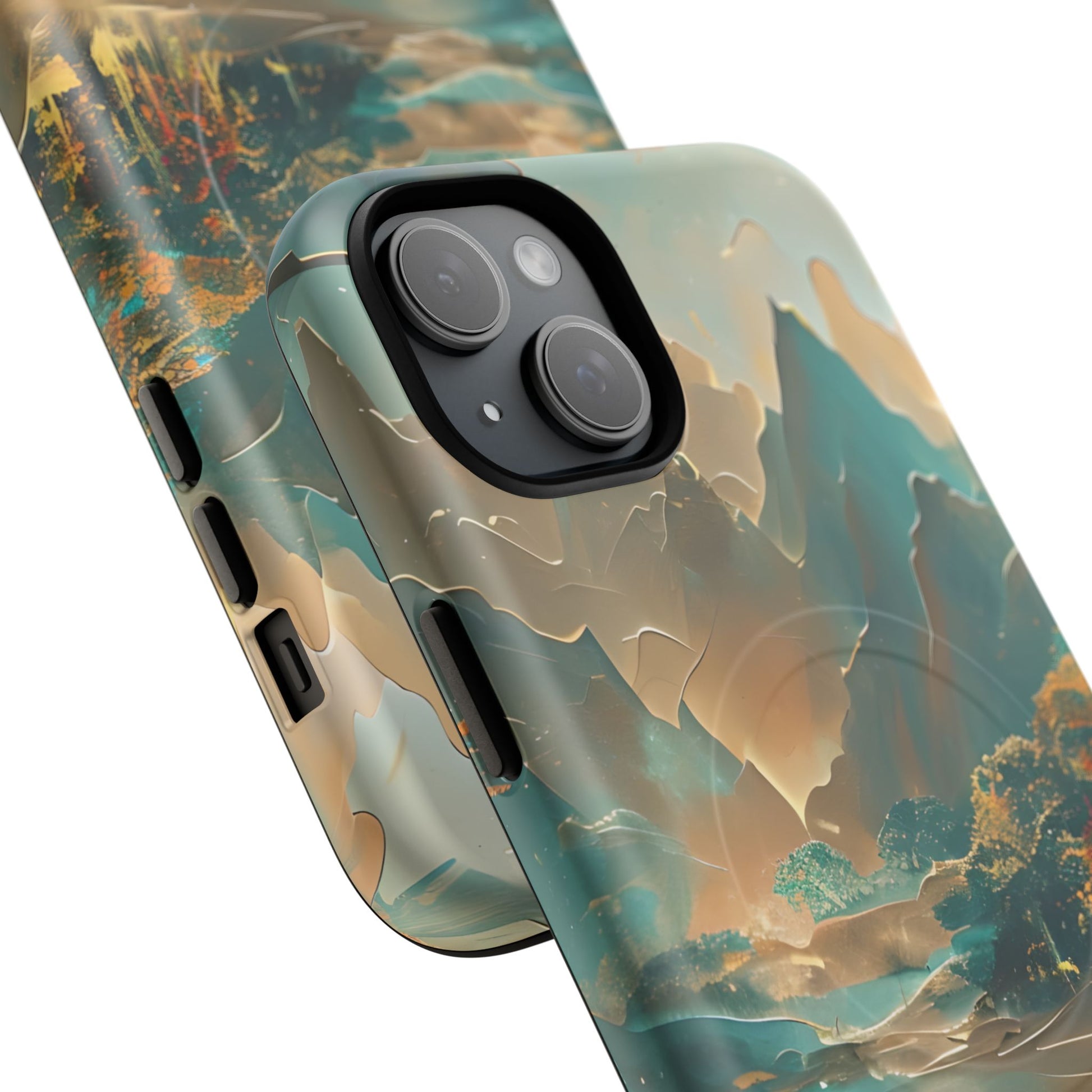 Misty Horizon - Serene Landscape Art iPhone 15 Plus MagSafe Phone Case - Tranquil Mountain & Lake Design