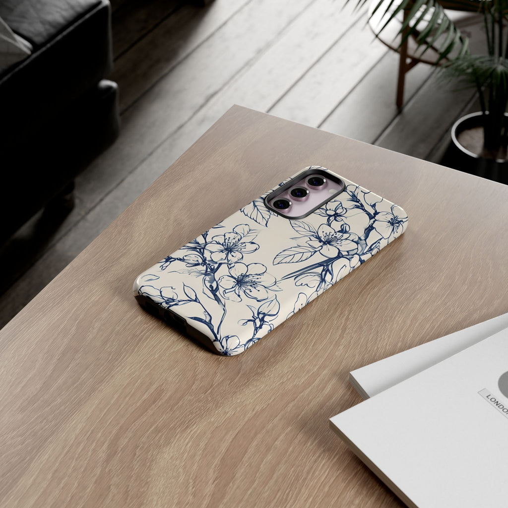 Blossom Sketch - Artistic Blue Floral Samsung Galaxy S23 Plus Tough Phone Case - Hand-Drawn Botanical Design