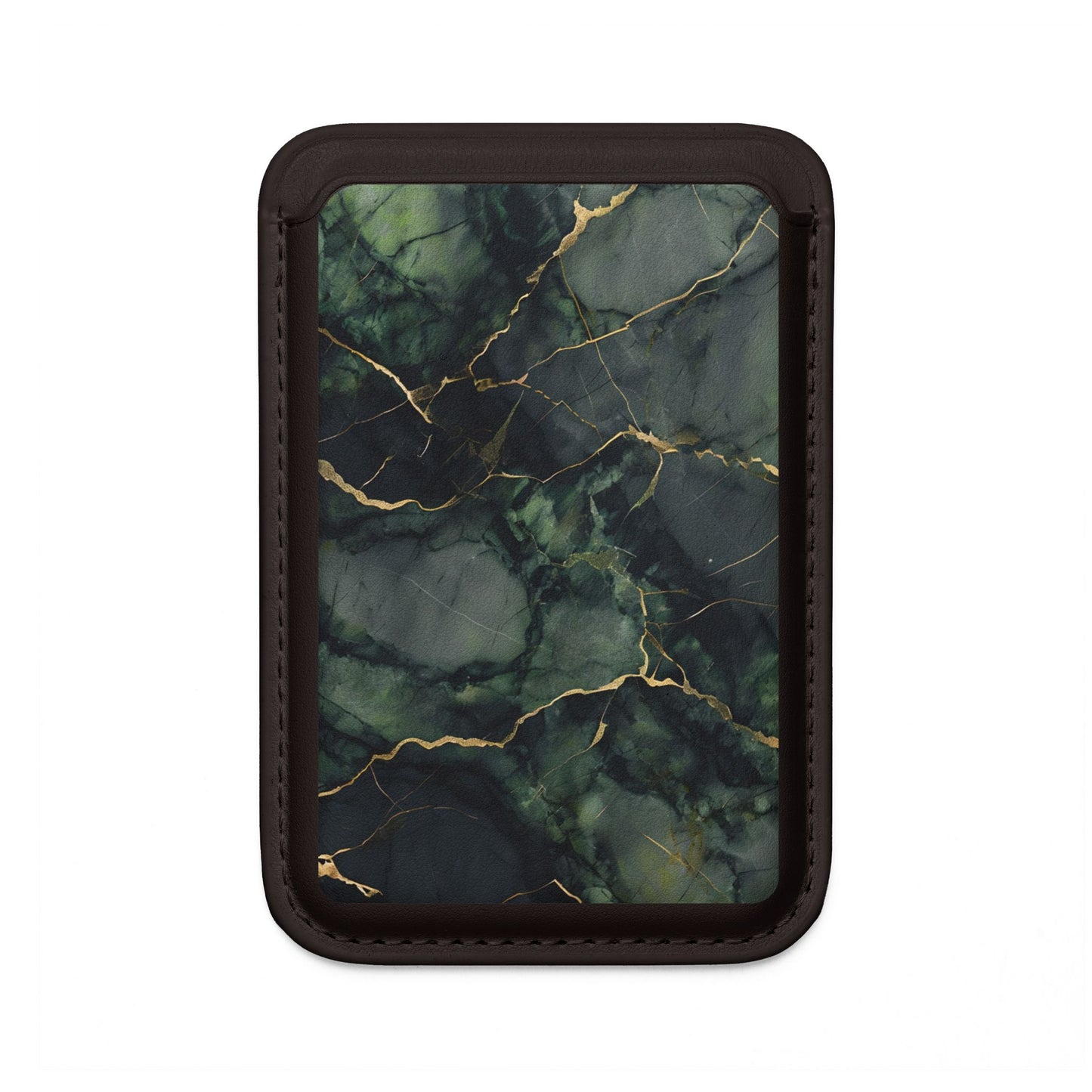 Verdant Vein MagSafe card holder with green marble and gold veining pattern on black magnetic wallet.