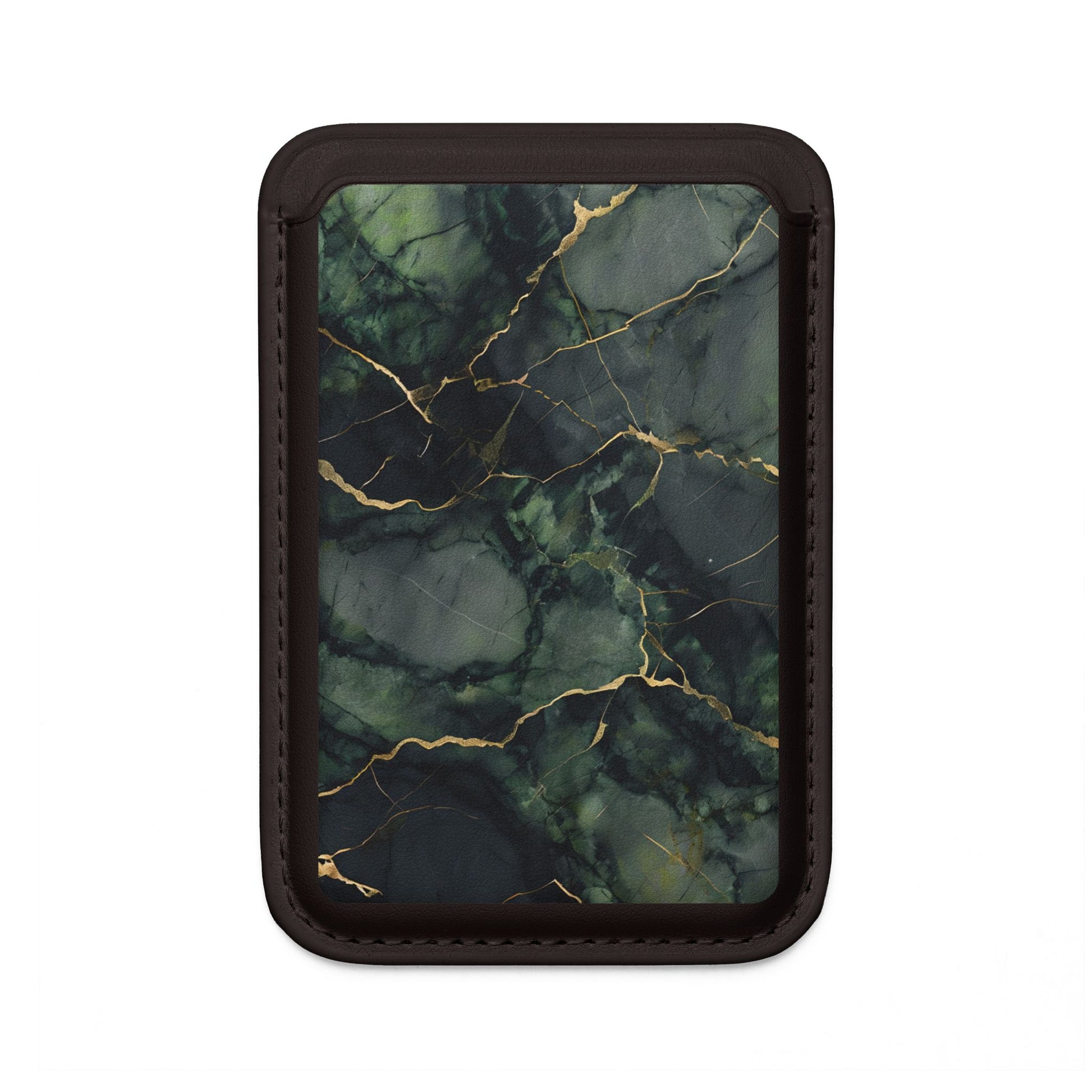 Verdant Vein MagSafe card holder with green marble and gold veining pattern on black magnetic wallet.