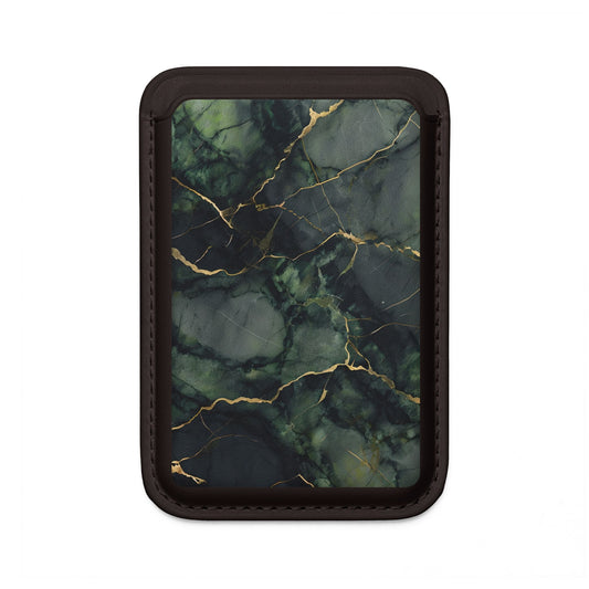 Verdant Vein MagSafe card holder with green marble and gold veining pattern on black magnetic wallet.