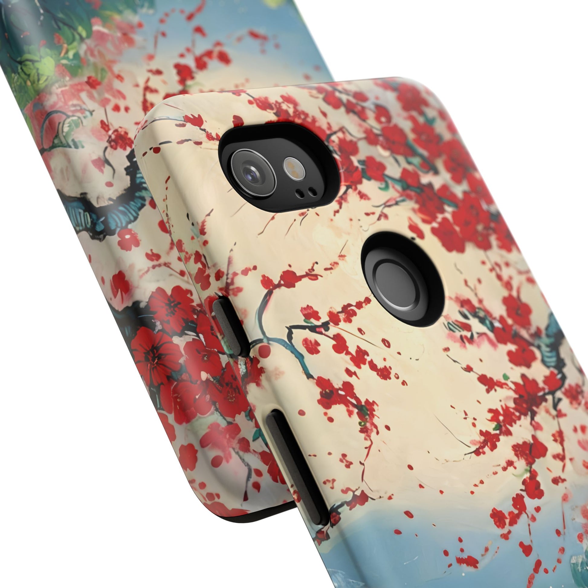 Crimson Blossom Lake - Artistic Floral Landscape Google Pixel 2XL Tough Phone Case - Red Cherry Blossoms & Serene Lake Design