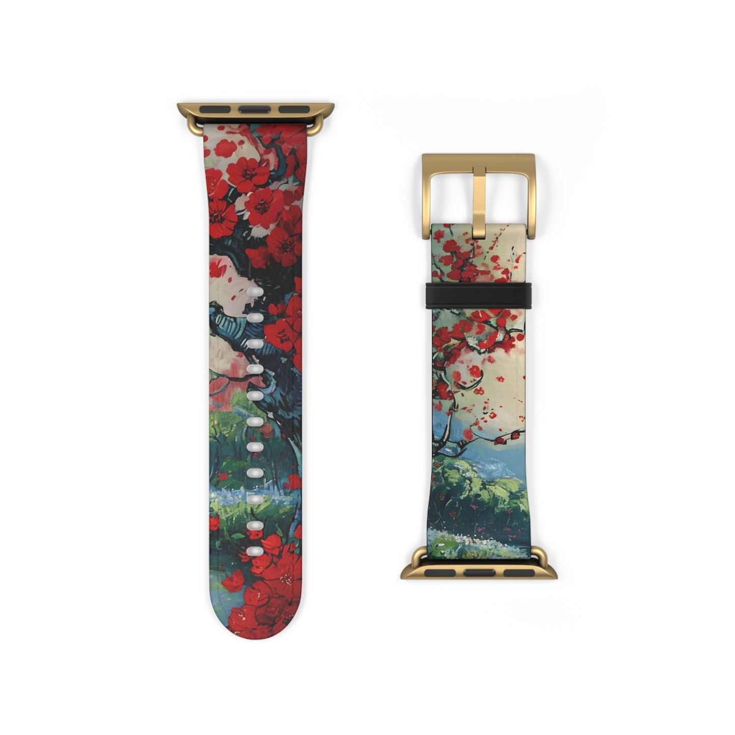 Crimson Blossom Lake Apple Watch band strap with gold clasp featuring vivid crimson blossom flowers over scenic landscape