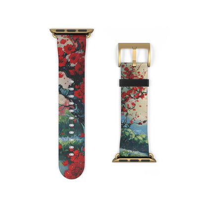Crimson Blossom Lake Apple Watch band strap with gold clasp featuring vivid crimson blossom flowers over scenic landscape
