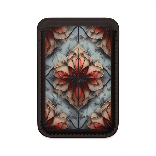 Ember Bloom MagSafe card holder with symmetrical red floral pattern on black magnetic wallet.