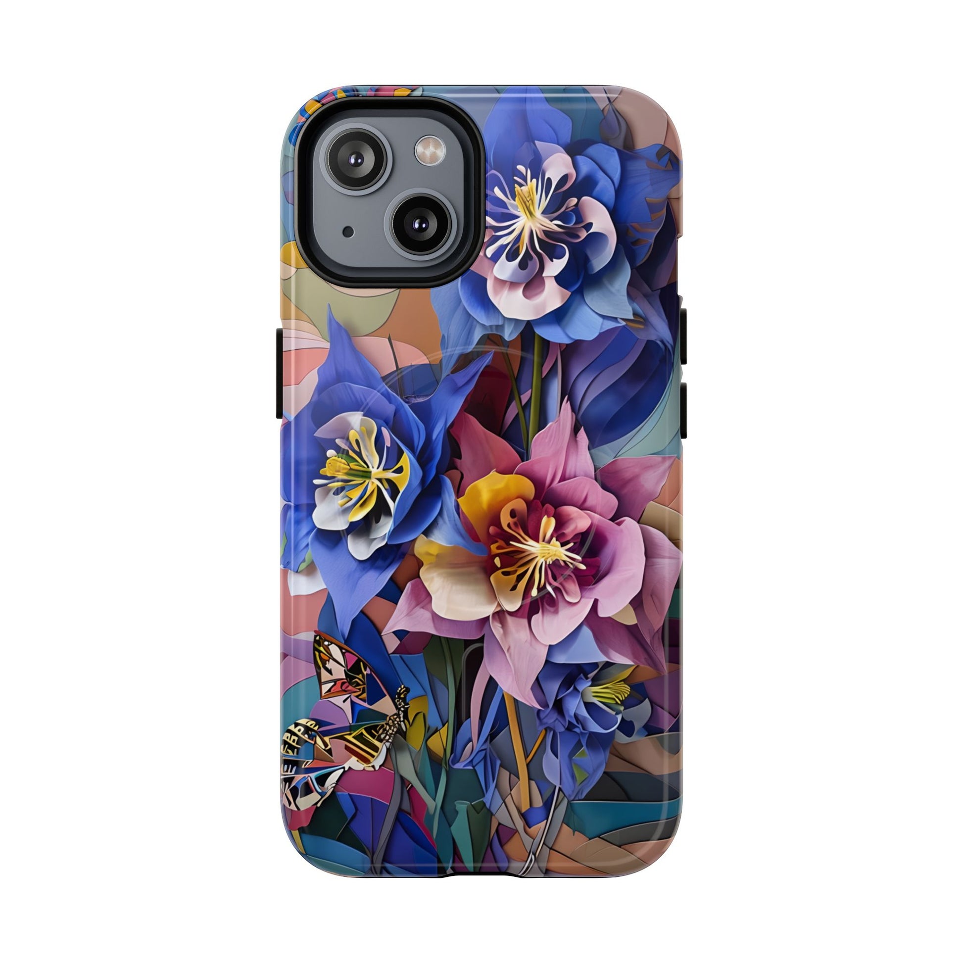 Blue Columbine Carnivale - Artistic Floral & Butterfly iPhone 14 MagSafe Phone Case - Vibrant Botanical Design