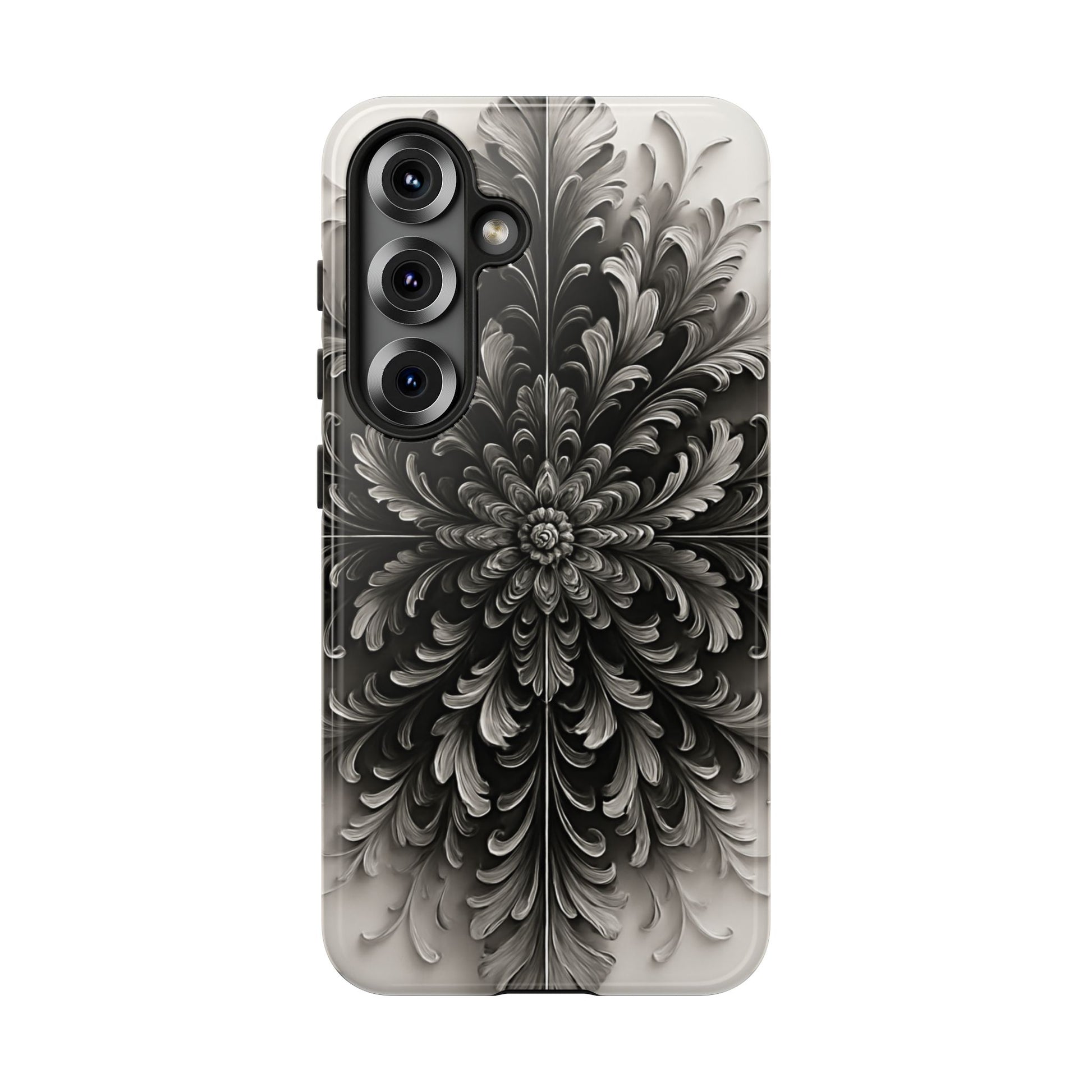 Obsidian Bloom - Elegant Black & White Samsung Galaxy S25 Tough Phone Case - Intricate Mandala Flower Design