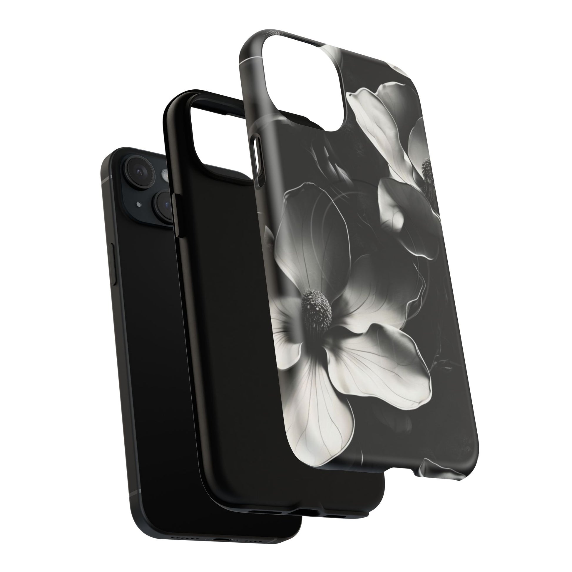 Monochrome Magnolia - Elegant Black & White Floral iPhone 15 Plus MagSafe Phone Case - Artistic Magnolia Design