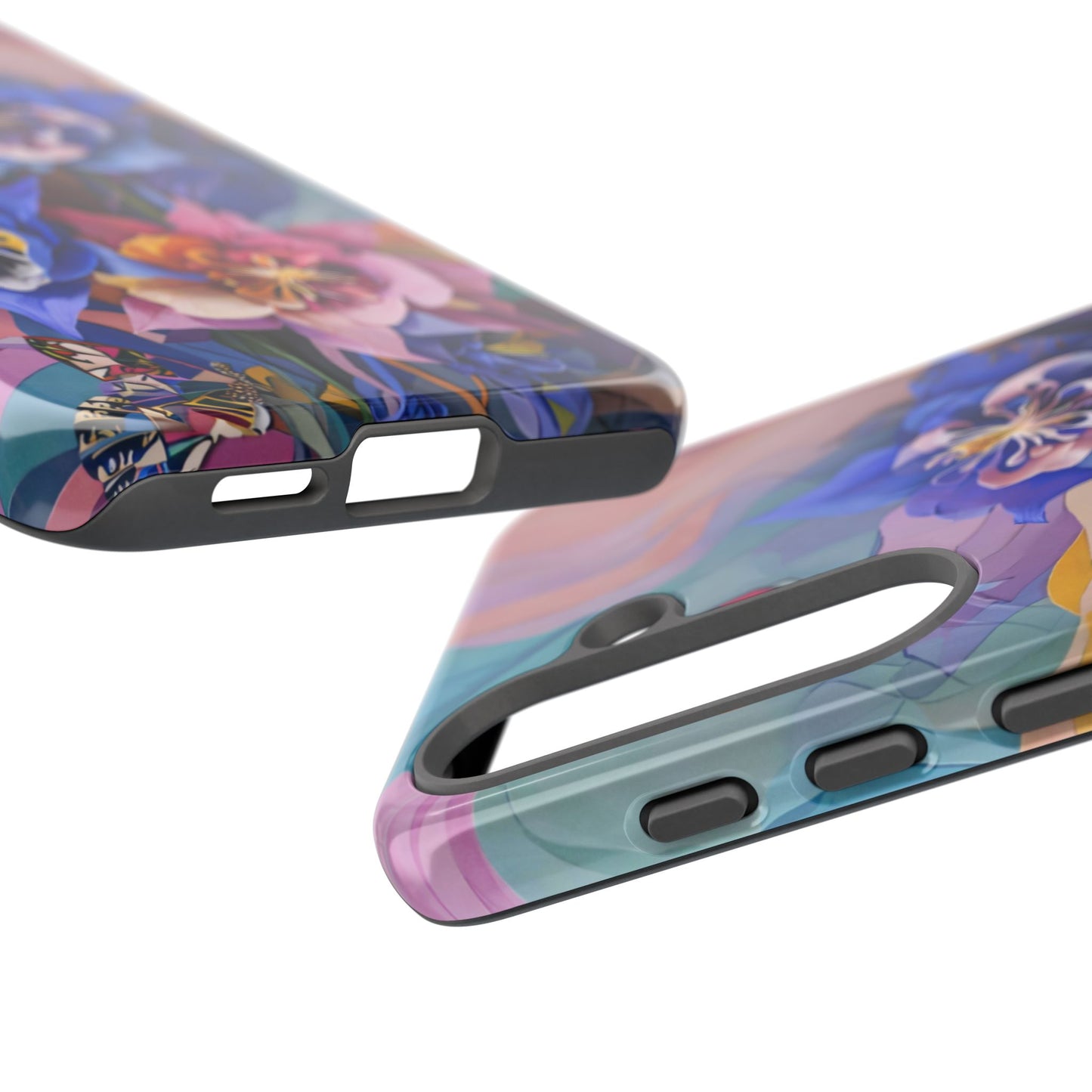 Blue Columbine Carnivale colorful columbine flowers with butterfly Samsung Galaxy phone case detail view