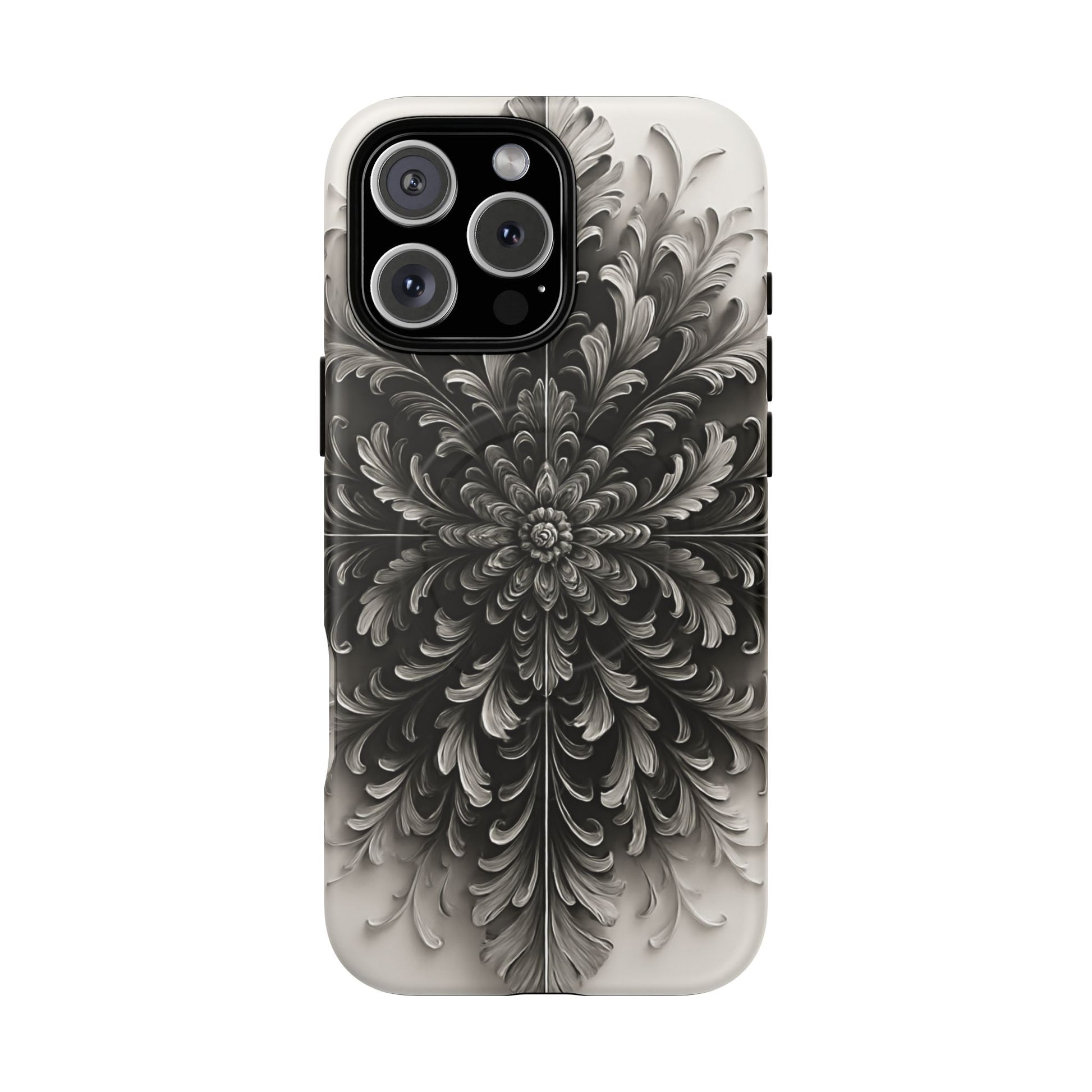 Obsidian Bloom - Elegant Black & White iPhone 16 Pro Max MagSafe Phone Case - Intricate Mandala Flower Design