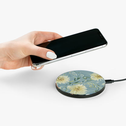 Hand placing smartphone on Golden Dahlia Trio dahlia floral design Qi wireless charger