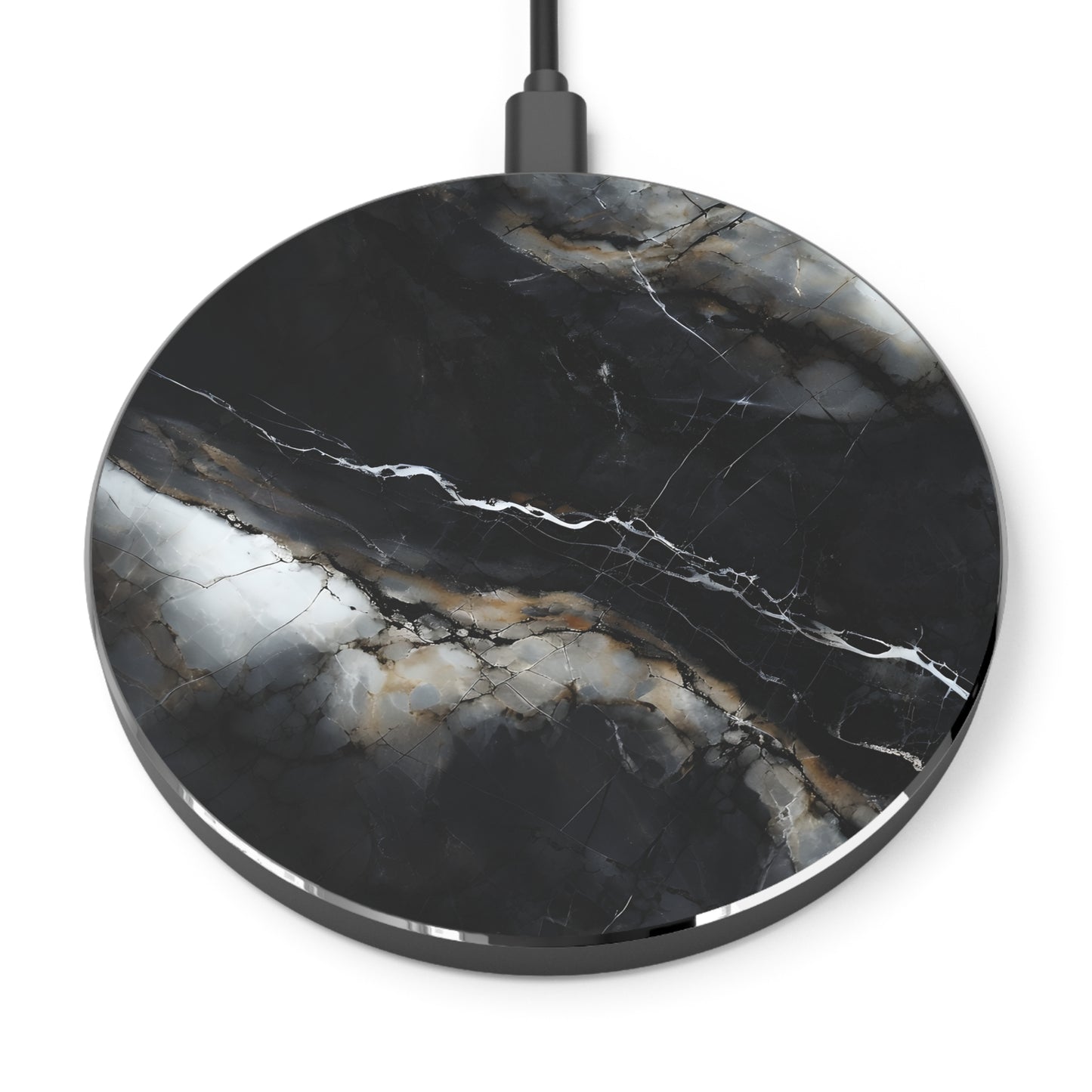 Obsidian Vein black marble decorative Qi wireless charger with white and gold stone vein pattern