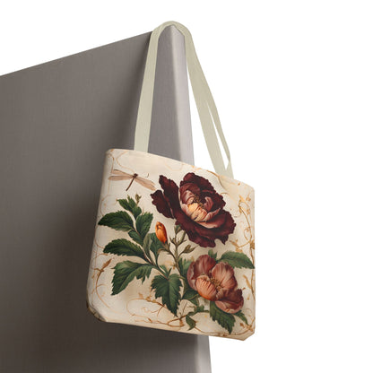 Vintage Burgundy Rose canvas tote bag hanging with vintage burgundy rose design