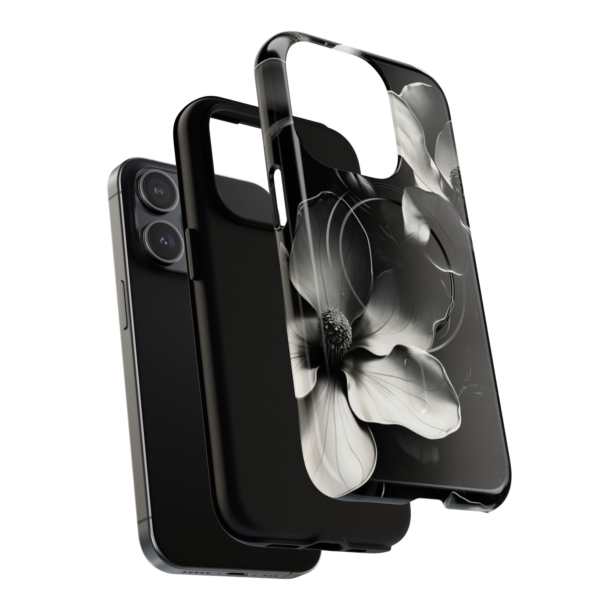 Monochrome Magnolia - Elegant Black & White Floral iPhone 15 Pro MagSafe Phone Case - Artistic Magnolia Design