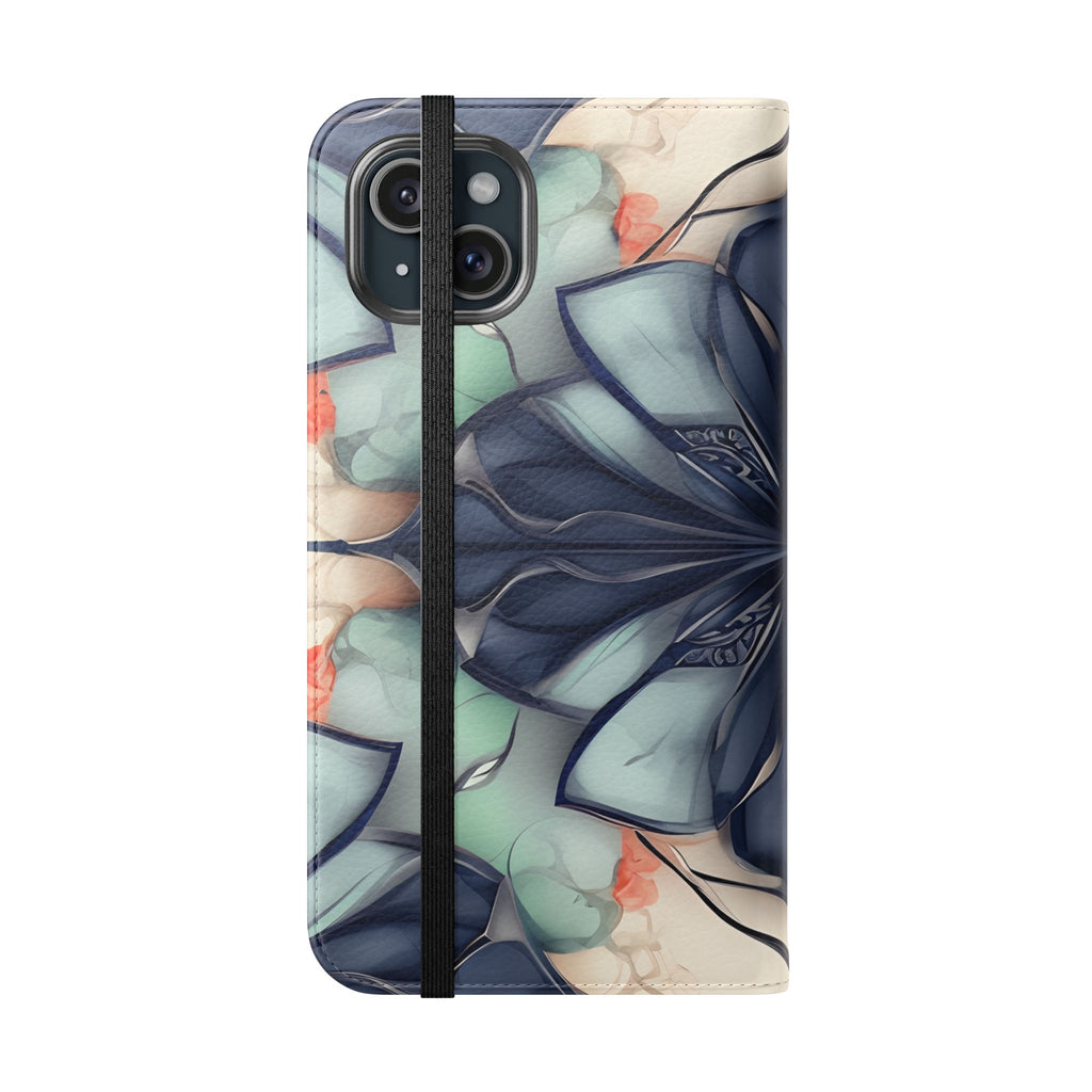 Midnight Mosaic - Abstract Floral Flip Phone Case for iPhone 15 Plus