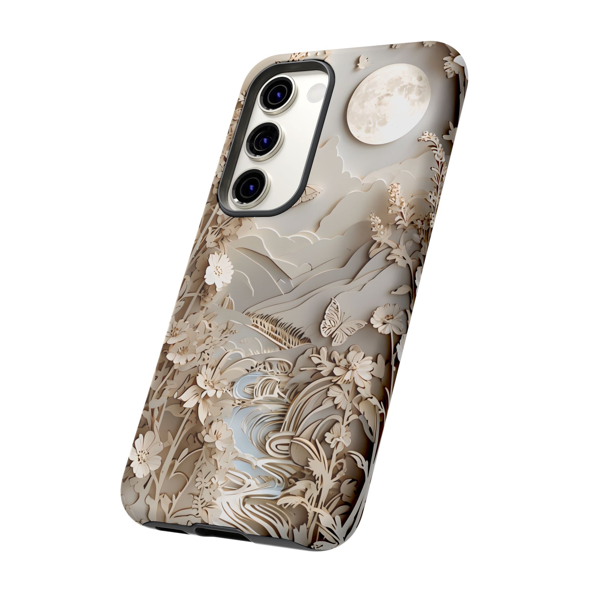 Moonlit Garden - Elegant Neutral Floral Samsung Galaxy S23 Tough Phone Case - Painterly Botanical & Moon Design